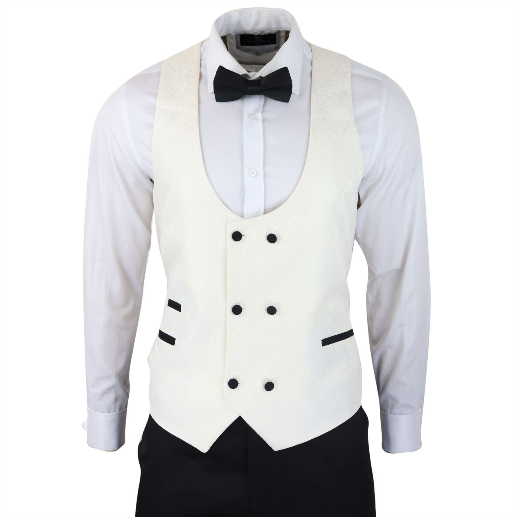Mens Paisley Tuxedo Blazer And Waistcoat Brocade Dinner Jacket Satin Ivory Black