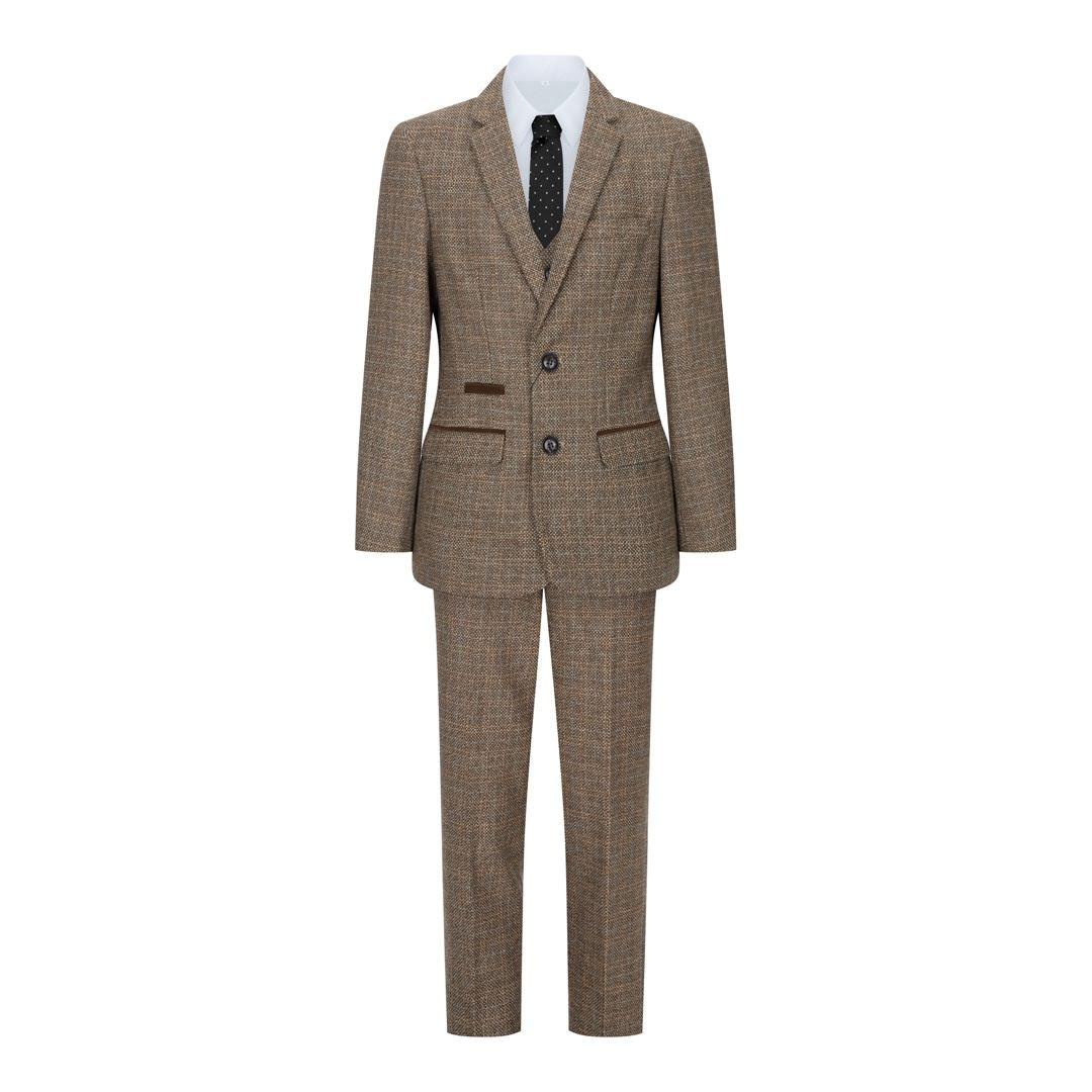Boys 3 Piece Brown Suit Tweed Check Vintage Retro Tailored Fit 1920s - Knighthood Store