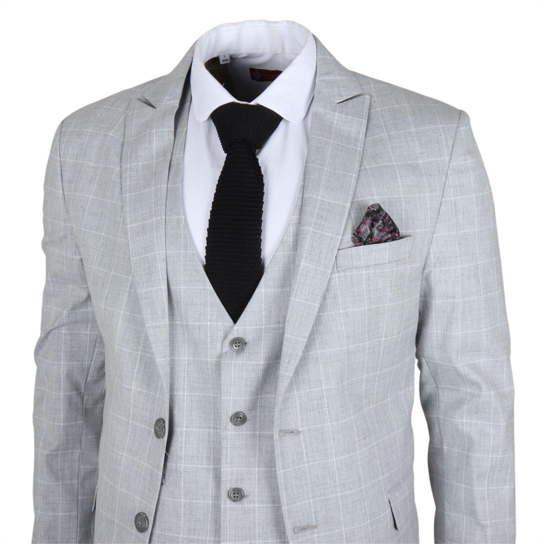 Men's Suit Grey Checked Tailored Fit 3 Piece Formal Dress - Knighthood Store