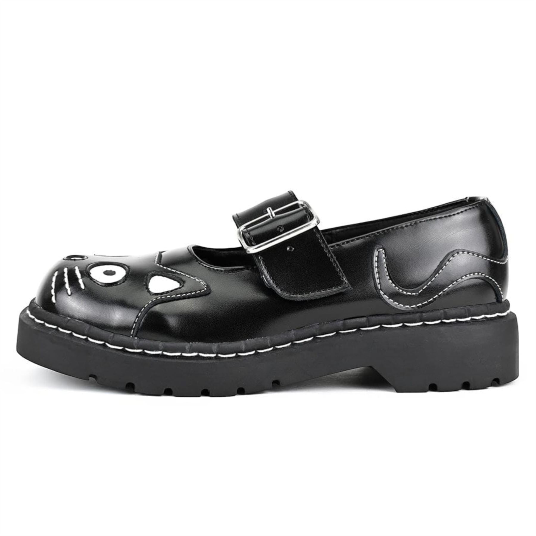 Women's Mary Jane Kitty Black Leather Platform Goth Shoes