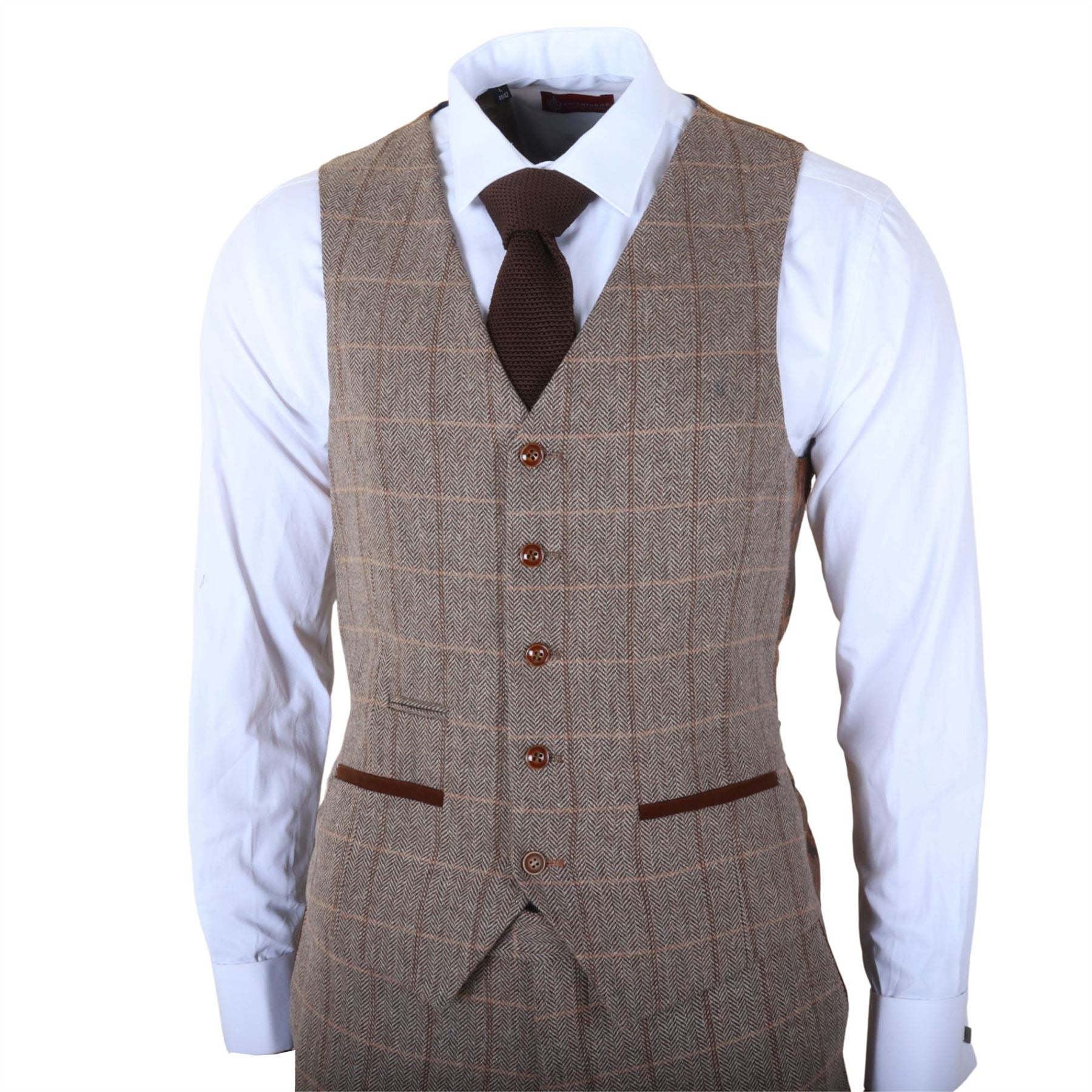 Harris - Men's Brown 3 Piece Herringbone Check Tweed Suit