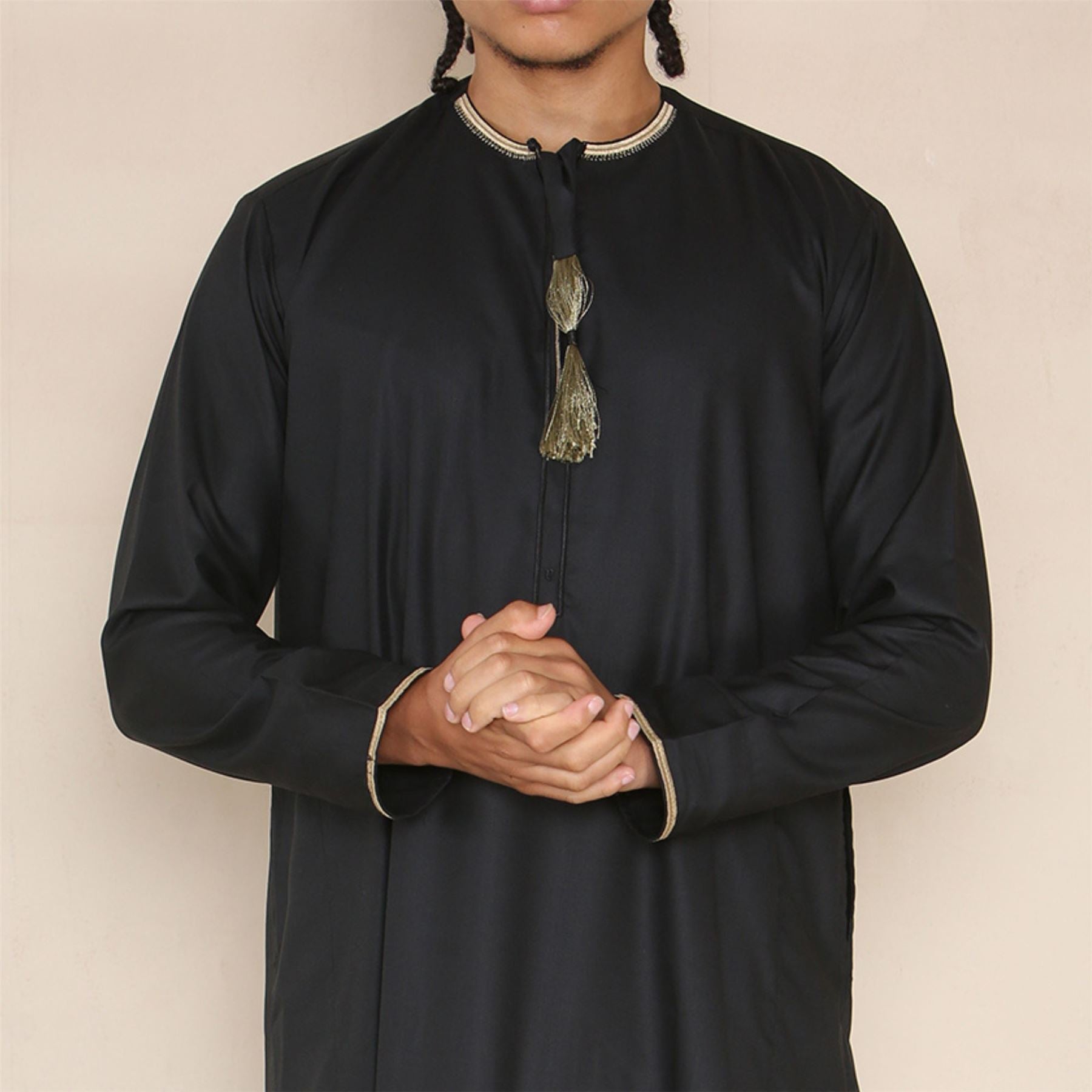 Mens Emirati Omani Thobe Jubba Islamic Clothing Muslim Kaftan Eid Robe Arab String Tassel