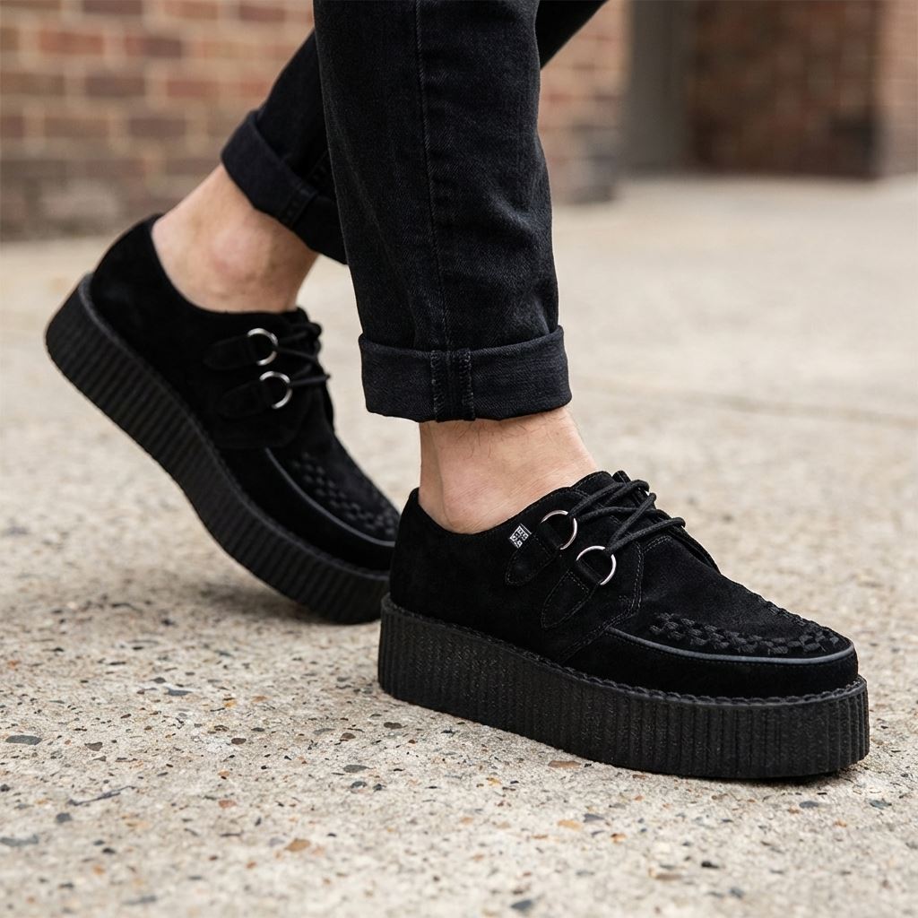 Viva High Creeper Black Suede Platform Lace-Up Goth Shoes