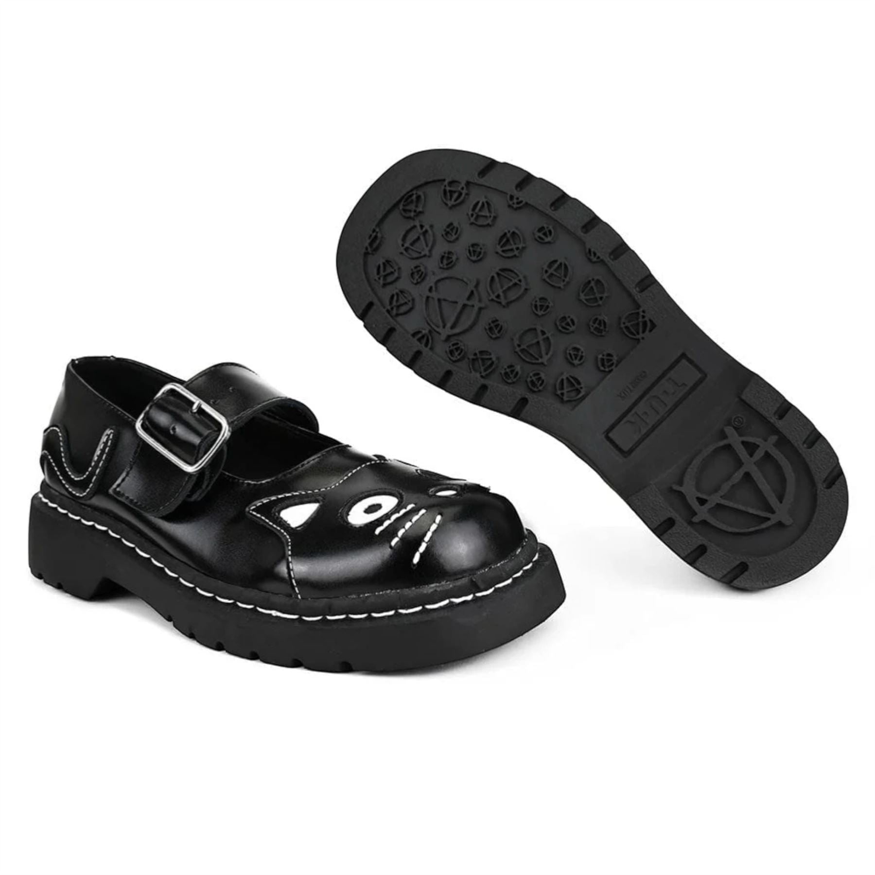Women's Mary Jane Kitty Black Leather Platform Goth Shoes