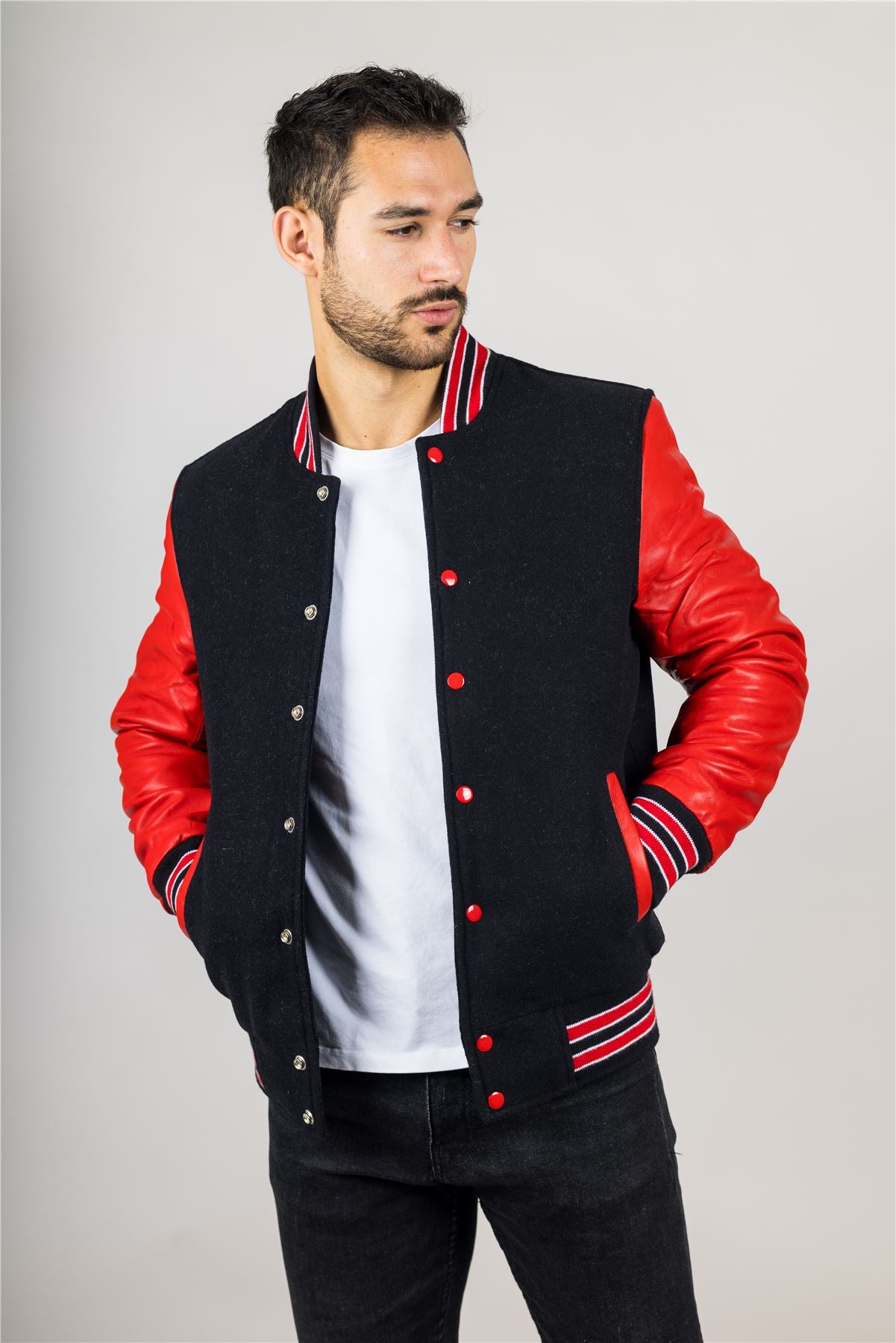 Men's Black Red Varsity Bomber Jacket Wool Body Real Leather Sleeves College Baseball Coat