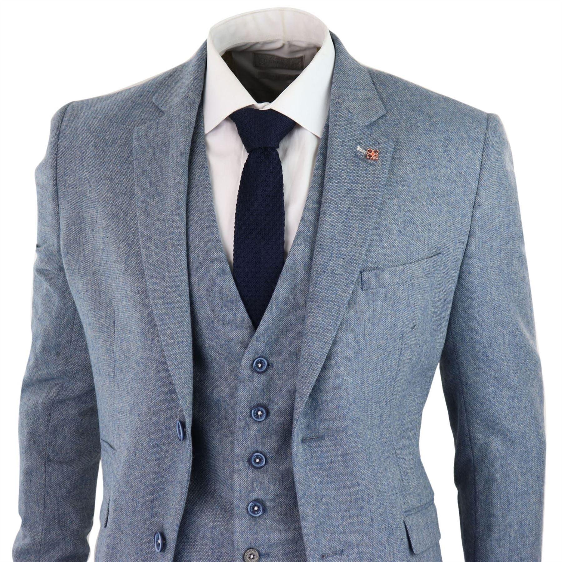 Mens 3 Piece Wool Suit Light Blue Tweed Vintage 1920s Classic 4 Pocket Waistcoat - Knighthood Store