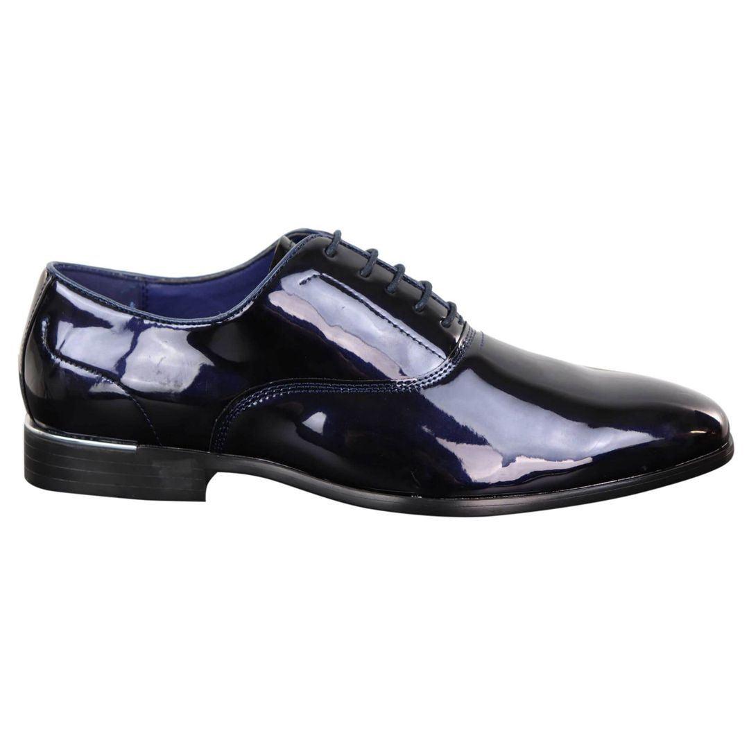 Mens Laced Shoes Shiny Patent Italian Design Silver Metal Classic Smart Formal - Knighthood Store