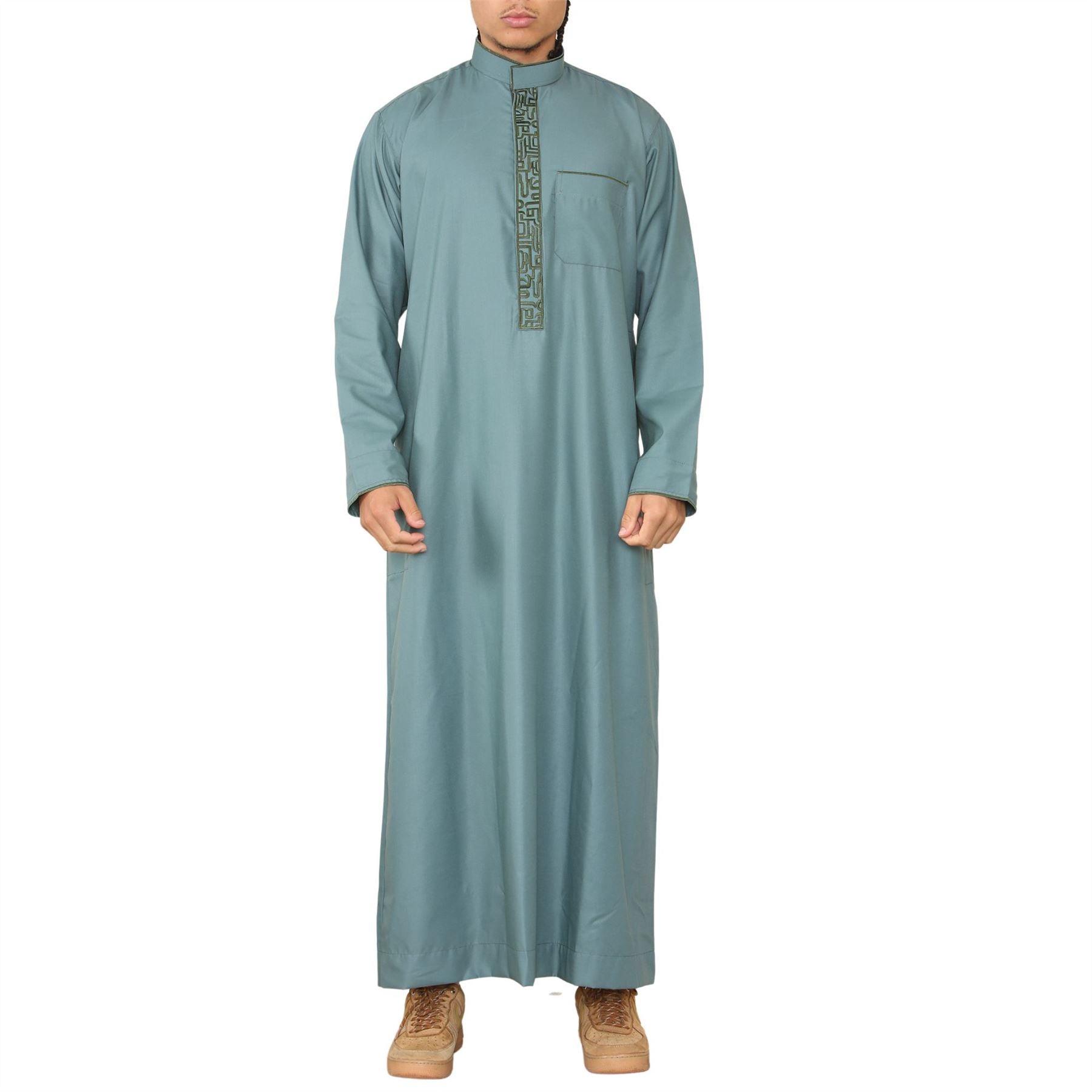 Mens Thobe Jubba Nehru Stand Collar Islamic Clothing Muslim Cotton Kaftan Embroidery Eid Robe Saudi