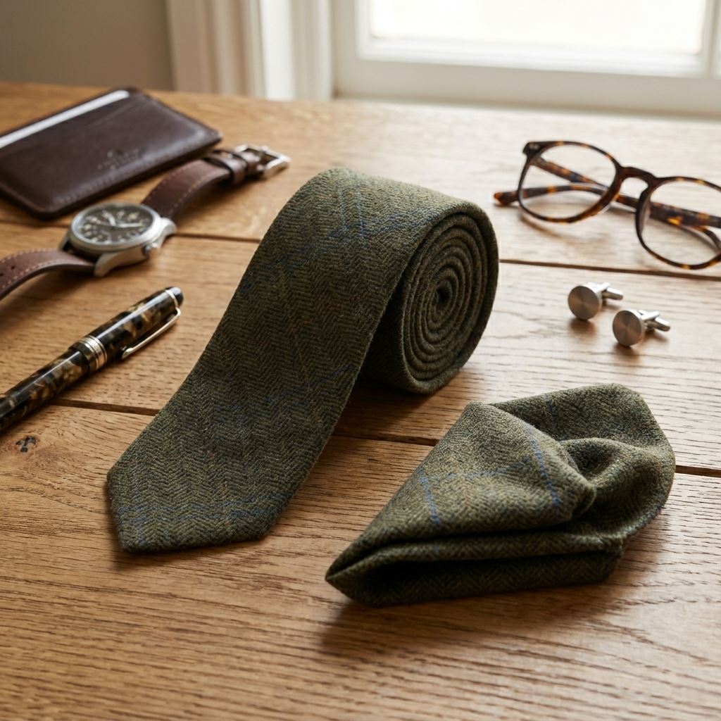 Men's Wool Blend Herringbone Plaid Tweed Tie