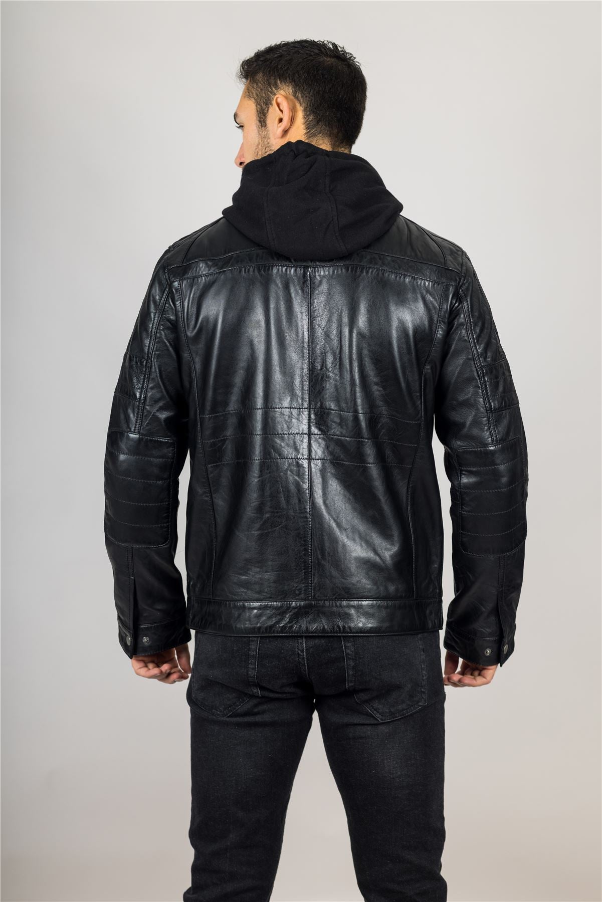 Men's Black Hooded Genuine Leather Motorcycle Biker Jacket