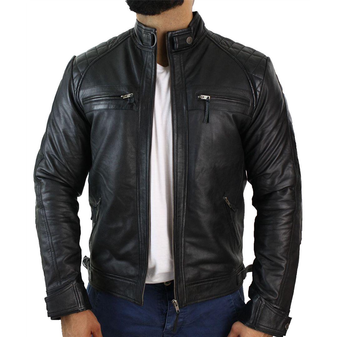 Mens Retro Style Zipped Biker Jacket Real Leather Soft Black Casual - Knighthood Store