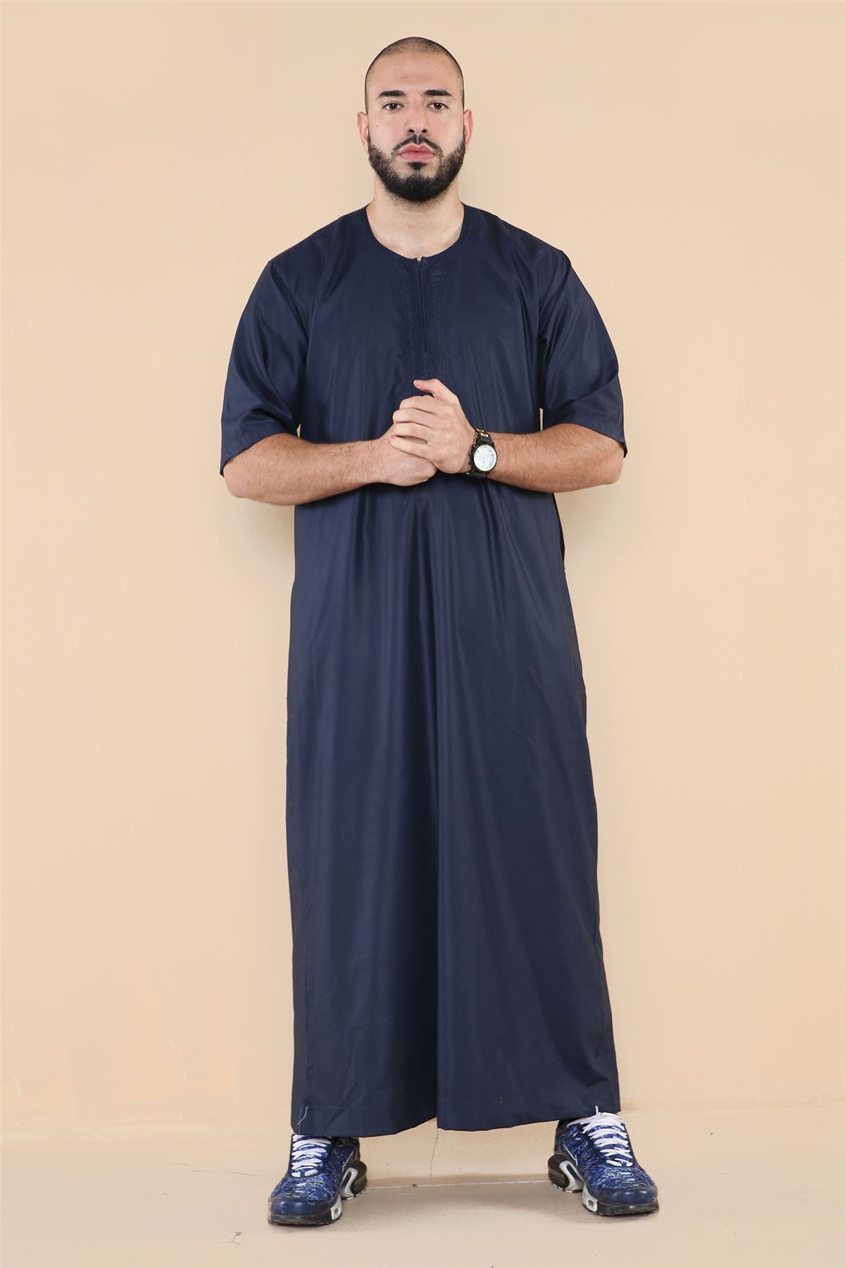 Mens Thobe Jubba Islamic Clothing Kaftan Half Sleeve Robe Moroccan Arab Zipped