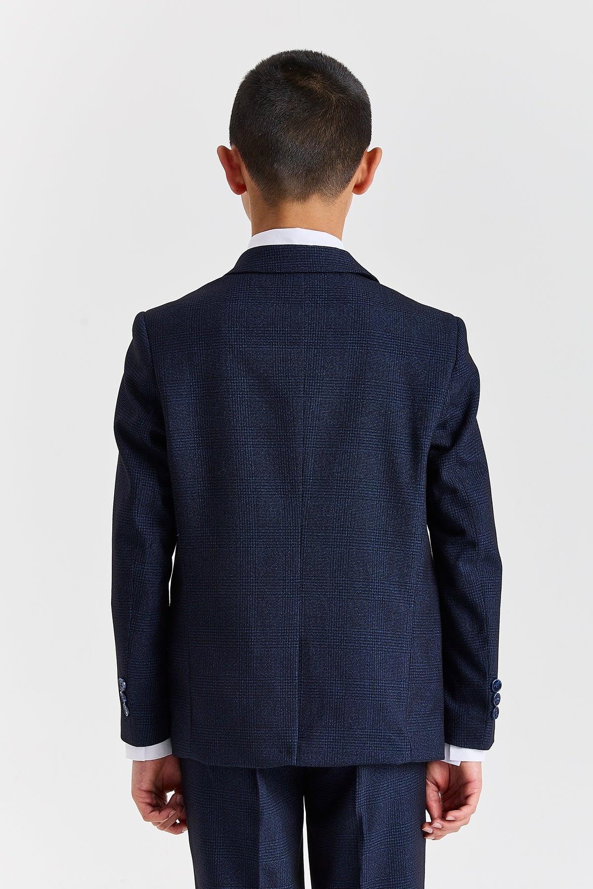 Regent - Boys Navy Blue 3 Piece Prince Of Wales Checked Suit