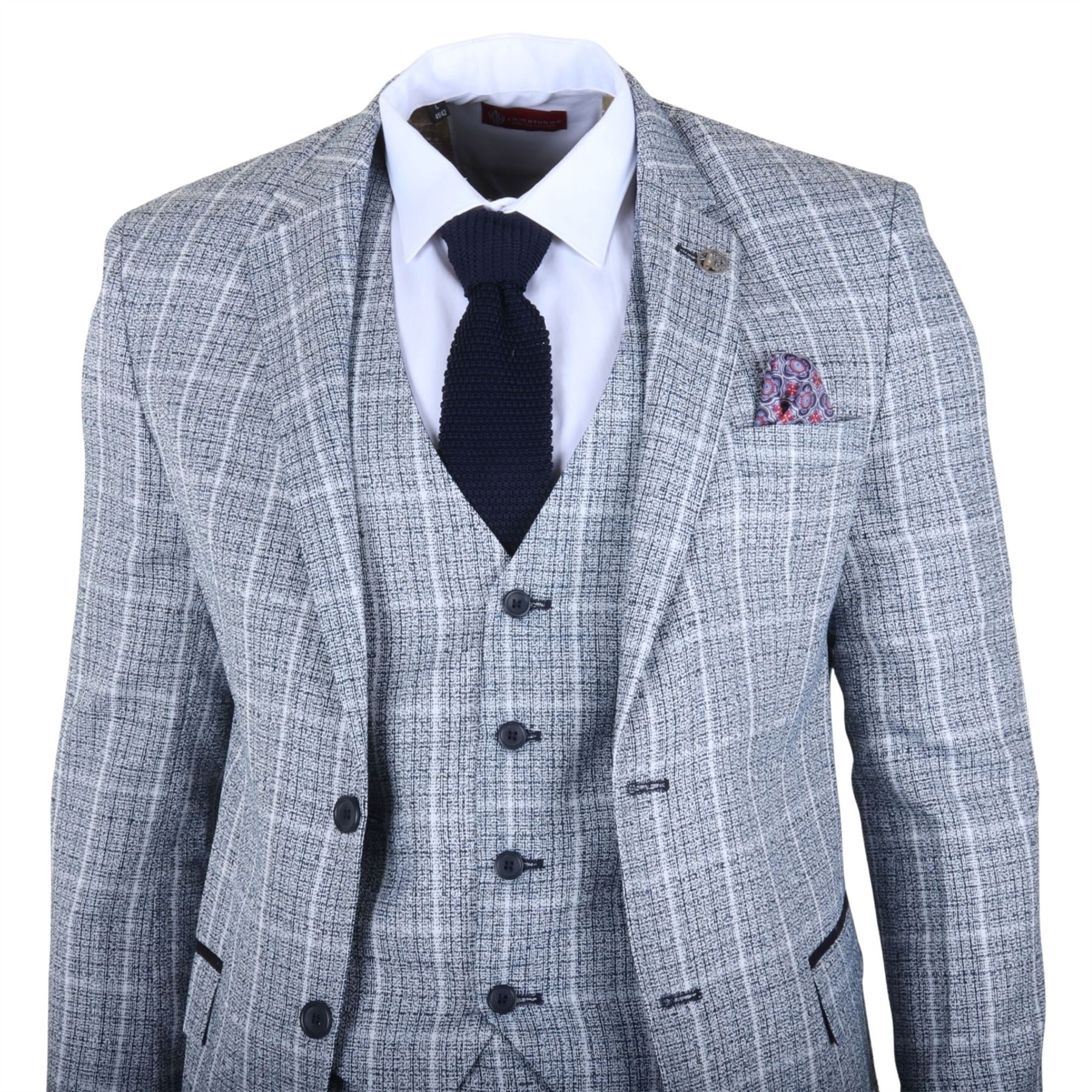 IM11 - Men's Light Blue 3 Piece Plaid Check Suit