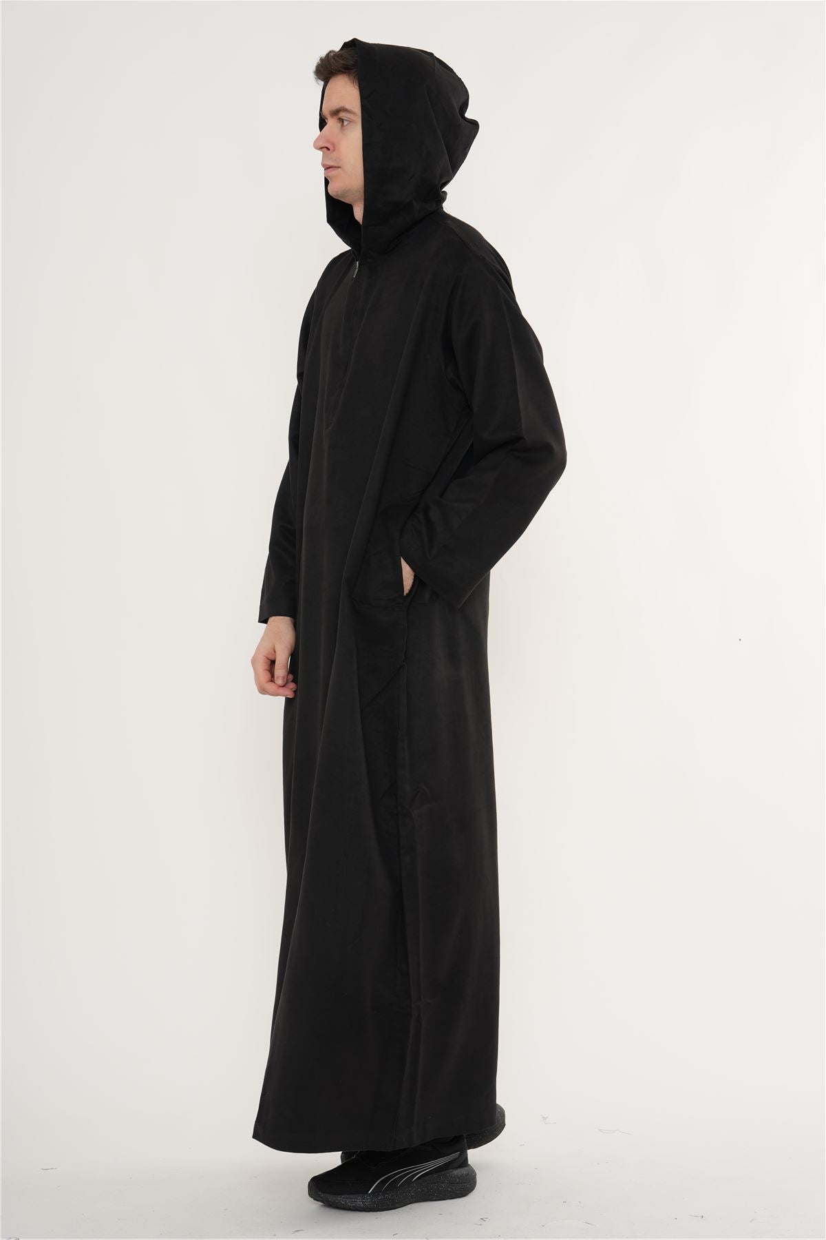 HM12 - Men's Hooded Suede Thobe Emirati Omani Zipped Thobe