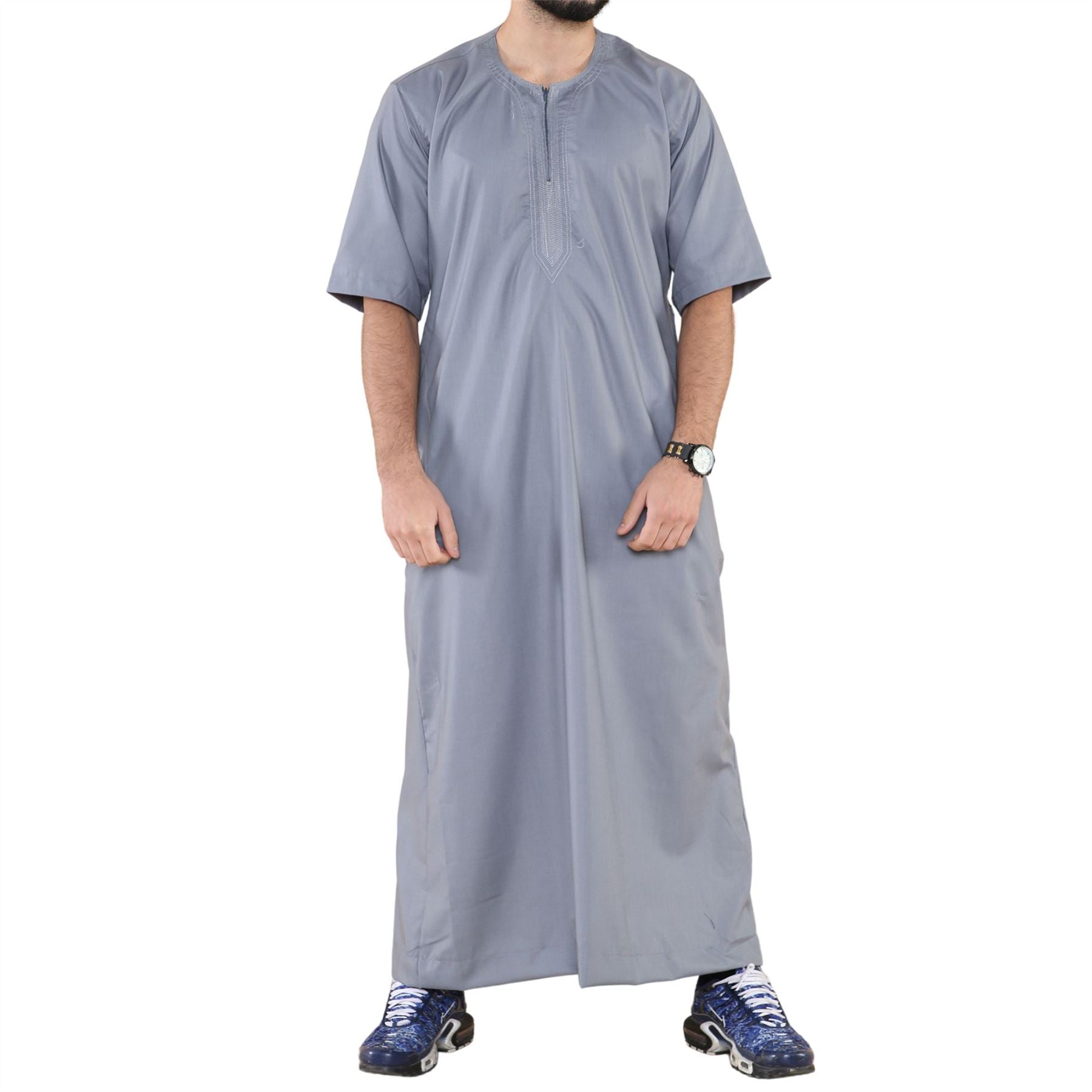 Mens Thobe Jubba Islamic Clothing Kaftan Half Sleeve Robe Moroccan Arab Zipped