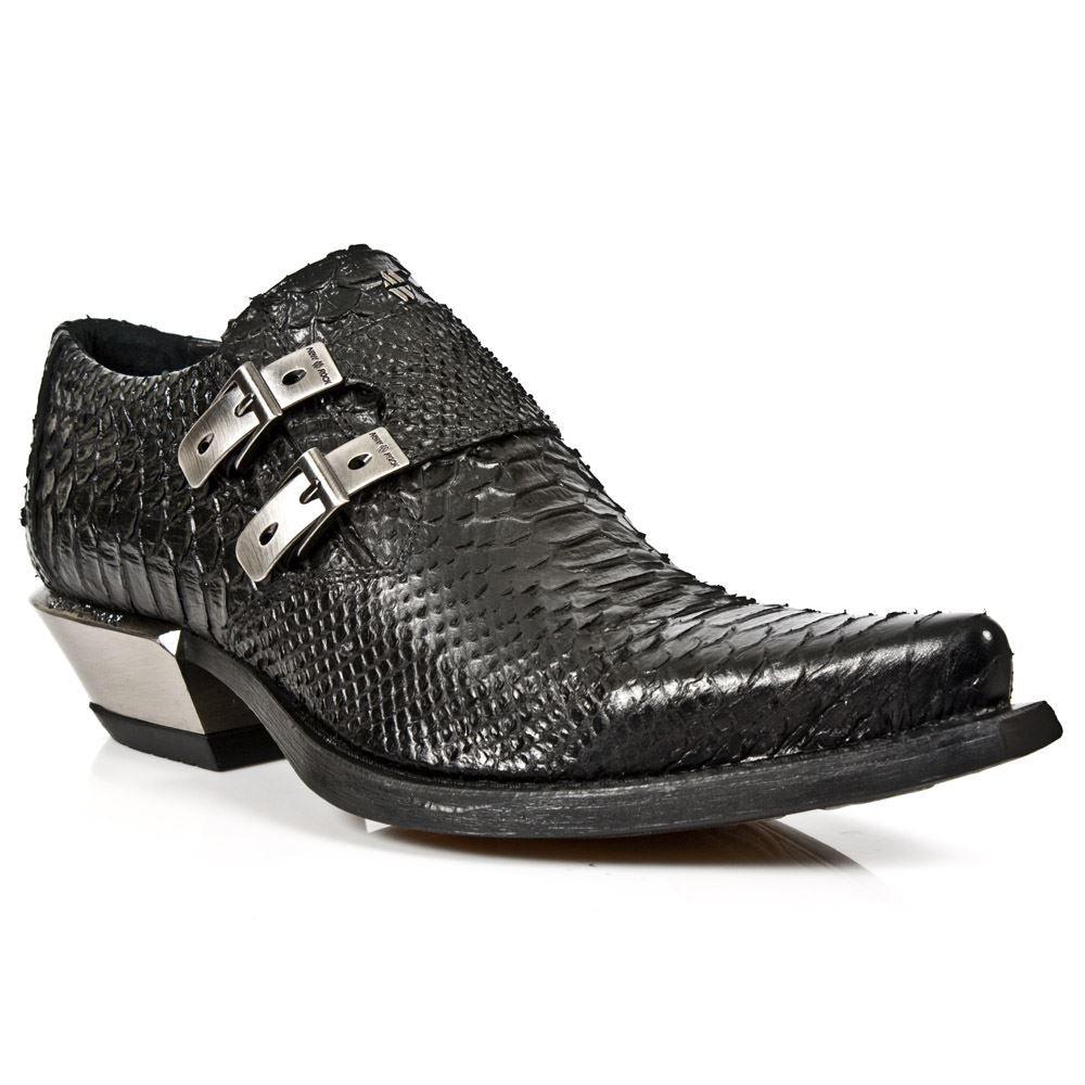 New Rock 7934-S2 Embossed Python Black Leather Buckle West Steel Heel Shoes Boot - Knighthood Store