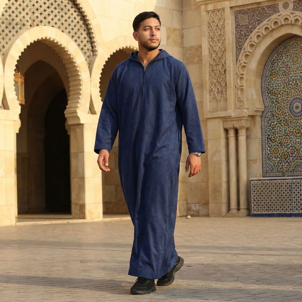 HM12 - Men's Hooded Suede Thobe Emirati Omani Zipped Thobe