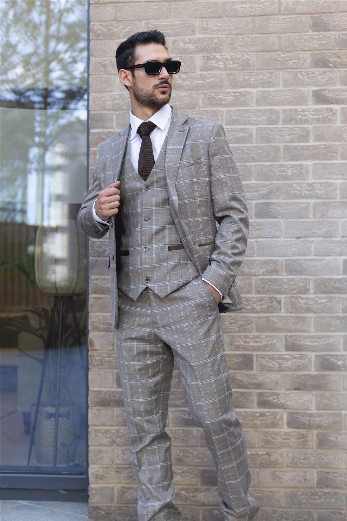 Men's Suit 3 Piece Brown Checked Classic Plaid Tailored Fit Formal Dress