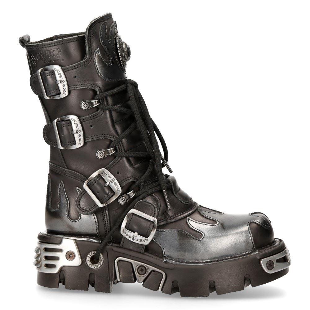 New Rock New Rock 591-S2 Silver Flame Metal Black Leather Emo Punk Goth Boots - Knighthood Store