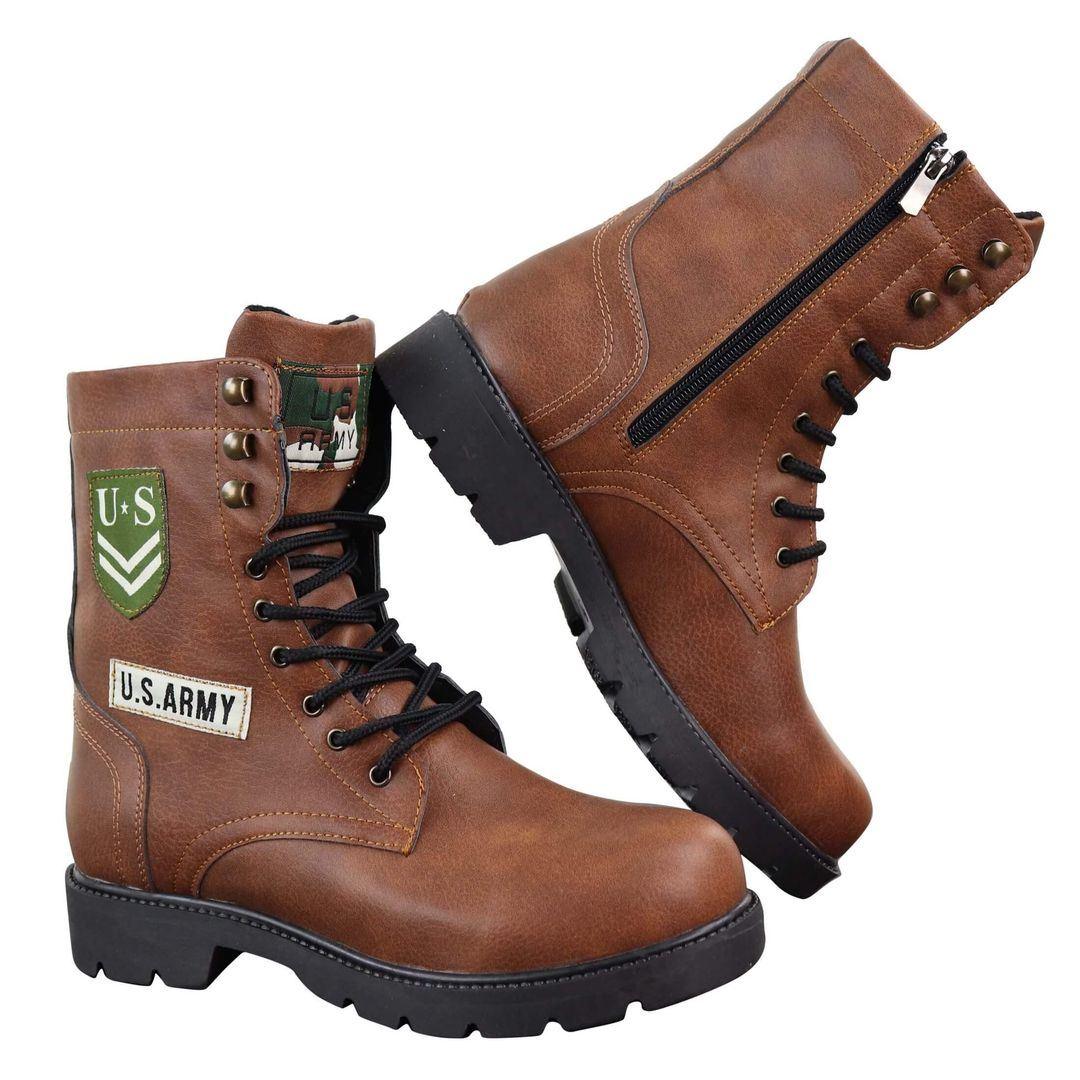 Mens US Military Army Laced Zip Ankle Boots Casual Combat Hiking PU Leather - Knighthood Store