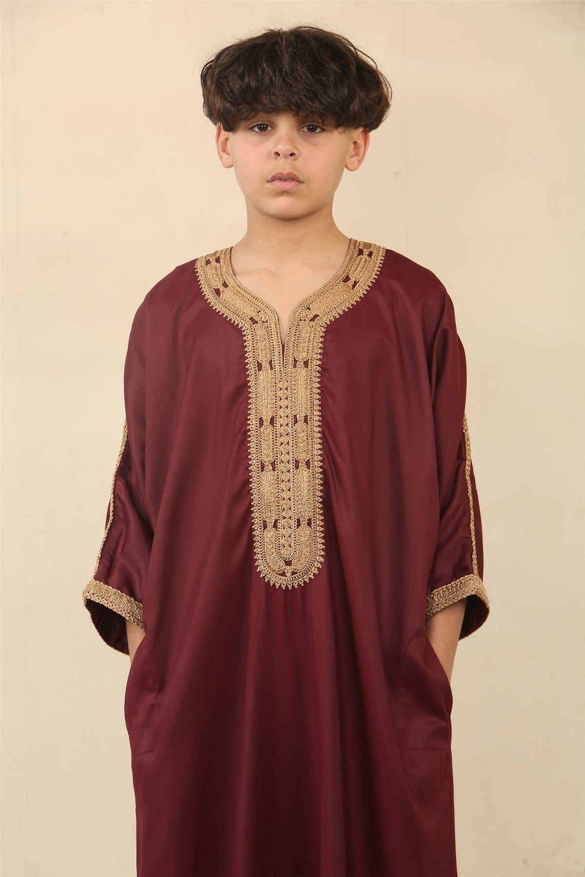 Boys Marron Moroccan Thobe Short Sleeve Gandoura Gold Embroidery Kaftan