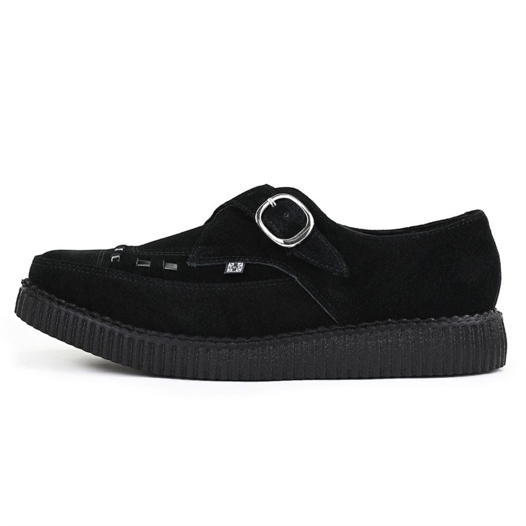 Pointed Creeper Black Suede Monk Buckle Platform Shoes