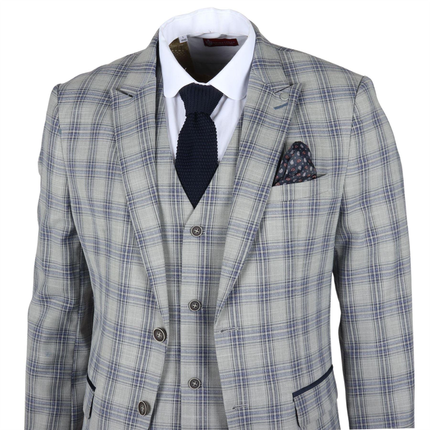 Men's Blazer Grey Blue Checked Classic Sport Coat Plaid Tailored Fit - Knighthood Store