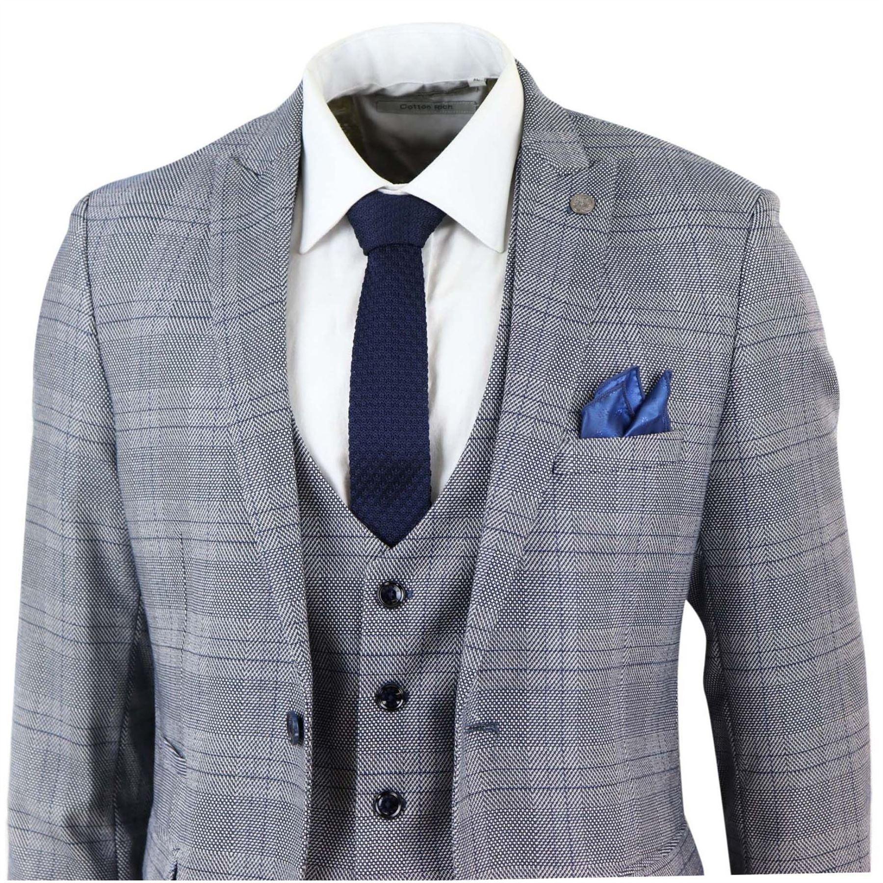 Mens Marc Darcy 3 Piece Suit Grey Prince Of Wales Blue Check Vintage Retro - Knighthood Store