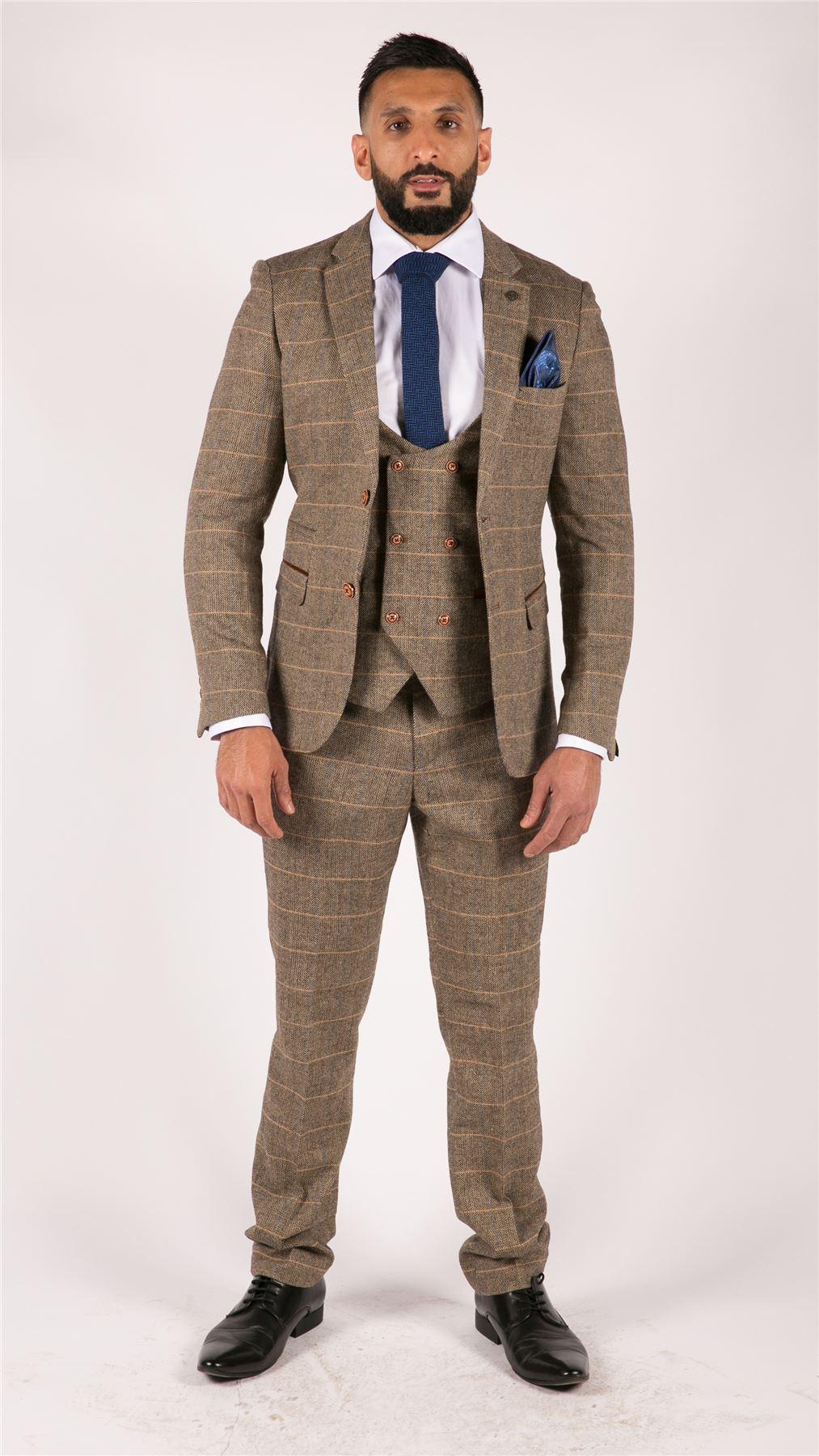 Mens 3 Piece Herringbone Tweed Tan Brown Check Suit Tailored Fit Double Classic - Knighthood Store
