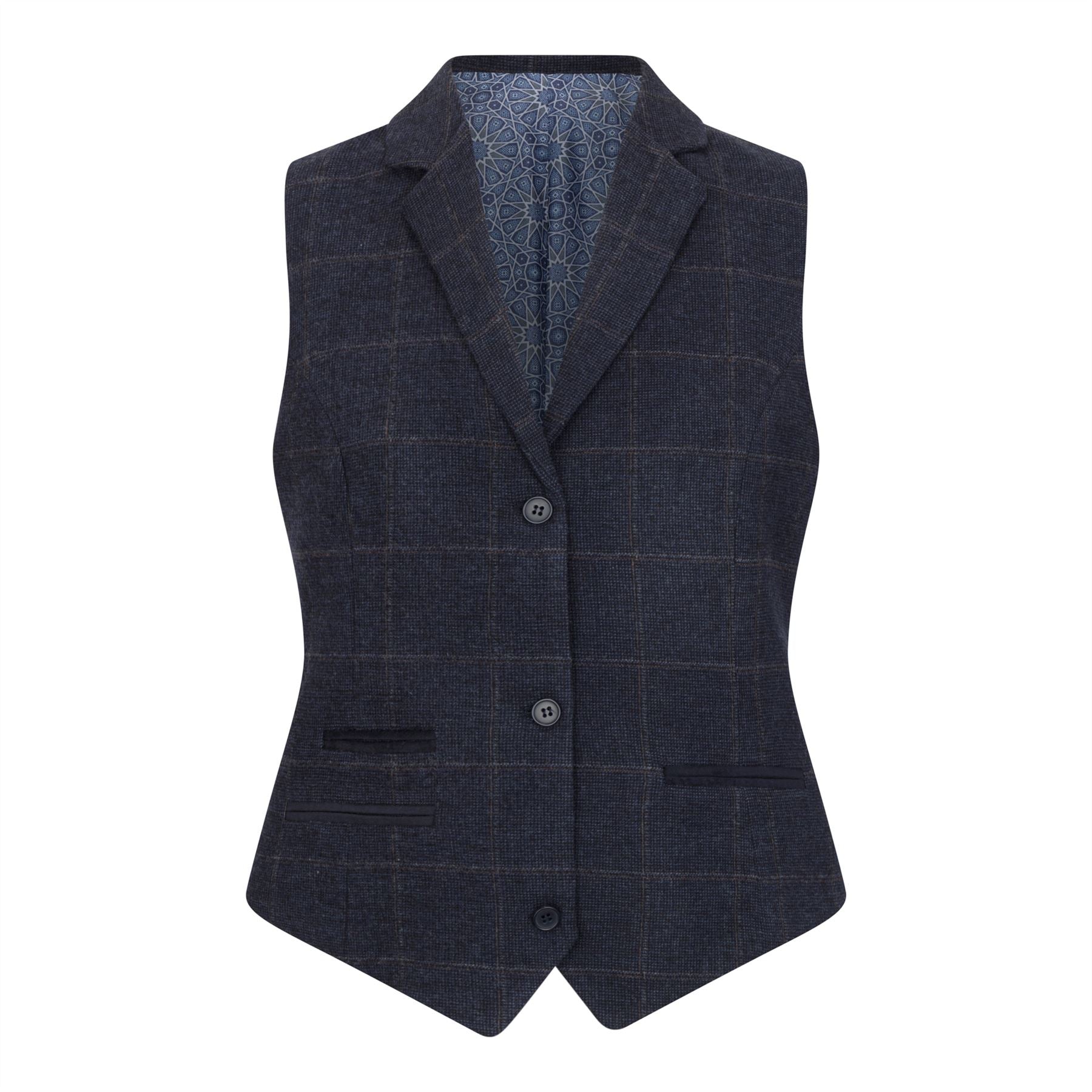 Women's Navy Blue Wool Blend Tweed Checkered Blazer Waistcoat