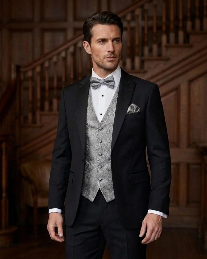 Men's Paisley Floral 3 Piece Bow Tie Hankie Waistcoat Set