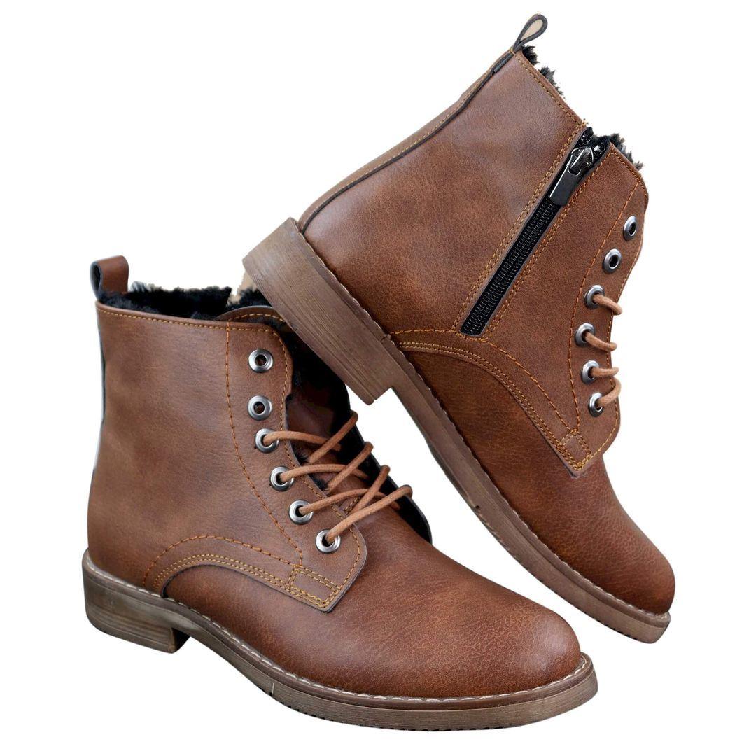 Mens Laced Zip Ankle Boots Fur Fleece Lined Warm Casual Hiking Combat Military - Knighthood Store