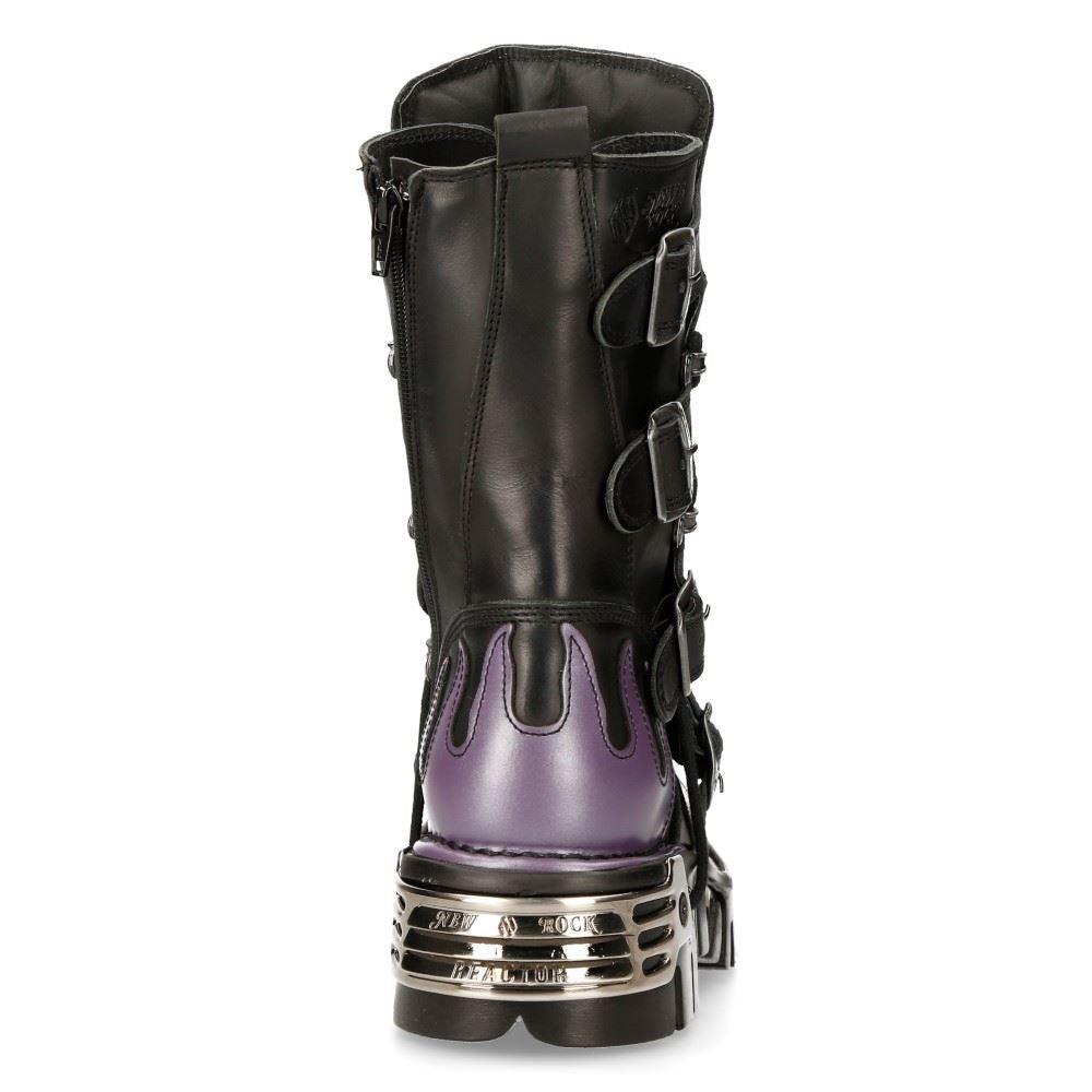 New Rock M-591-s5 Purple Flame Punk Boots Black Leather Gothic Heavy Biker - Knighthood Store
