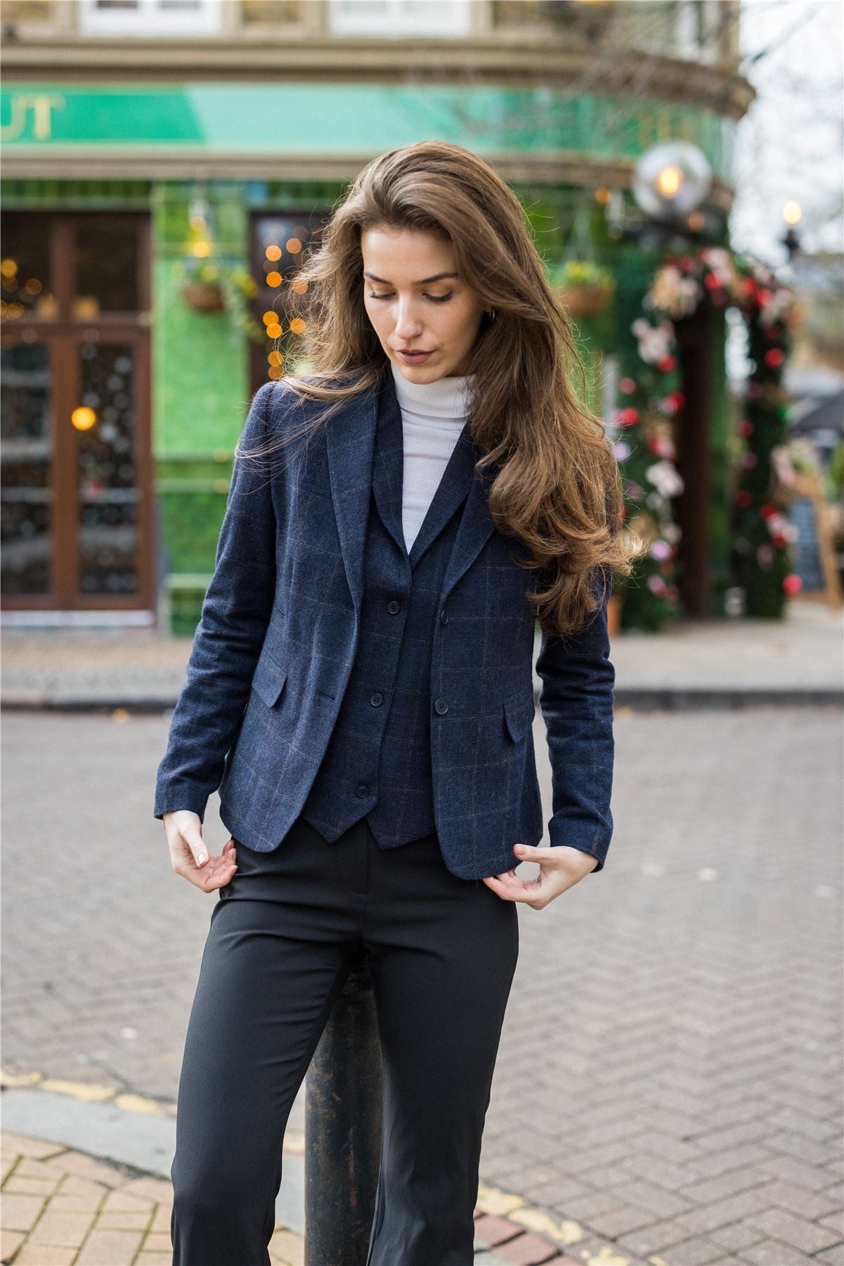 Women's Navy Blue Wool Blend Tweed Checkered Blazer Waistcoat