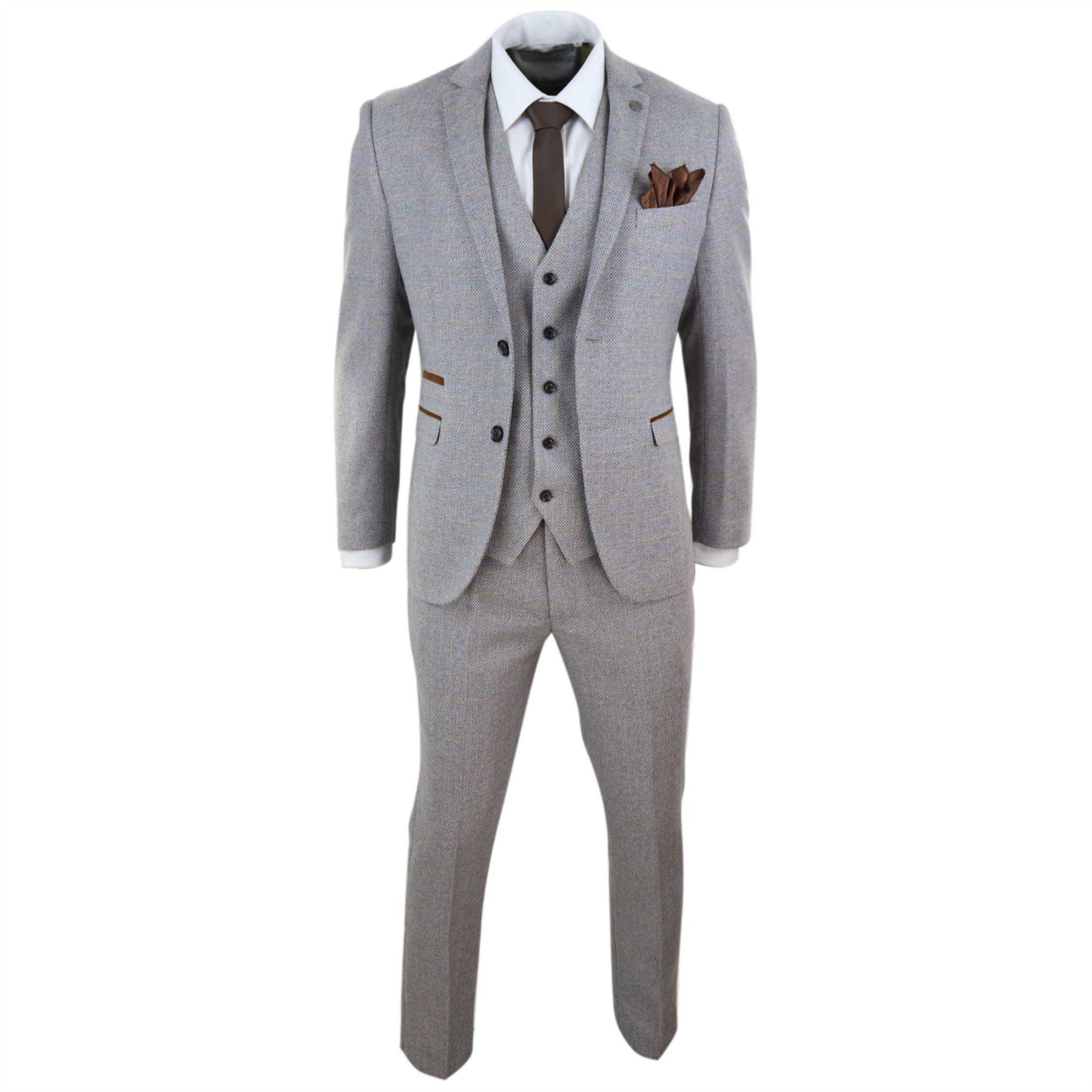 Mens 3 Piece Suit Tweed Check Vintage Retro Tailored Fit 1920s