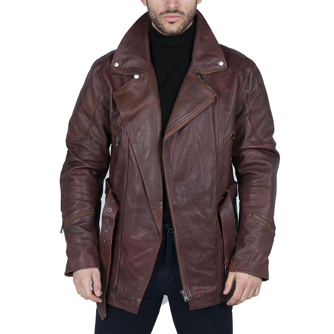 Mens Cross Zip Belted Black 3/4 Motorcycle Biker Long Leather Jacket CE Armour - Knighthood Store