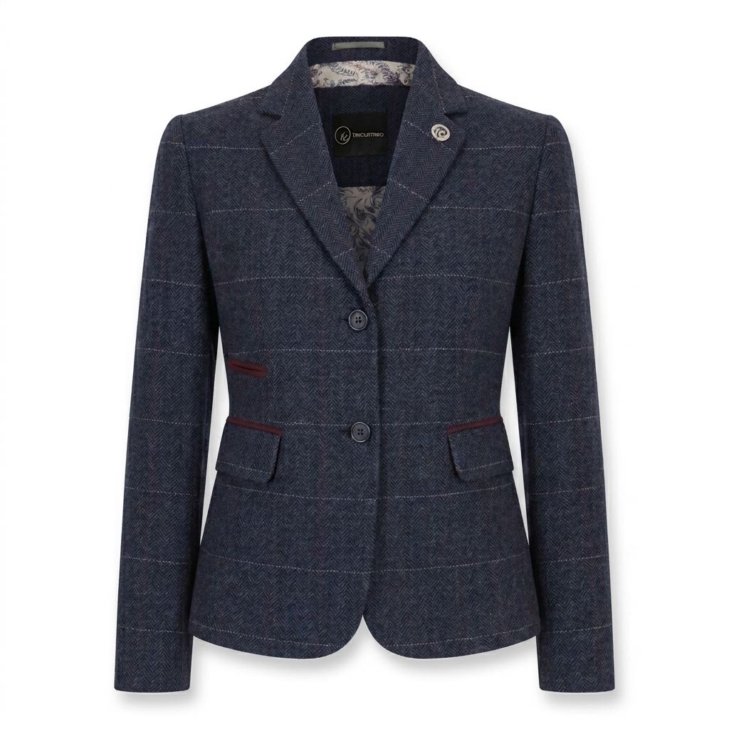 TPW-32 - Women's Navy Wool Blend Tweed Blazer Waistcoat