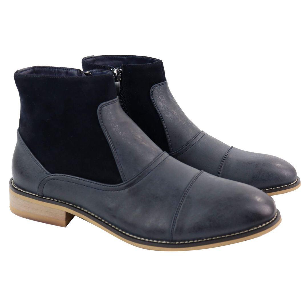 Mens Real Suede Leather Boots Slip on Side Zip Smart Casual Black Navy Blue - Knighthood Store