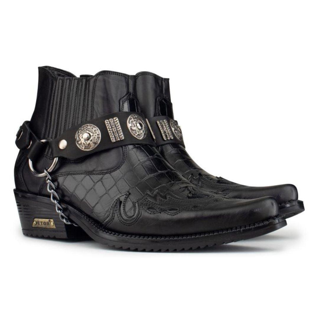 Mens Real Leather Crocodile Cowboy Ankle Boots Chain Western Cuban Heel Dancing - Knighthood Store