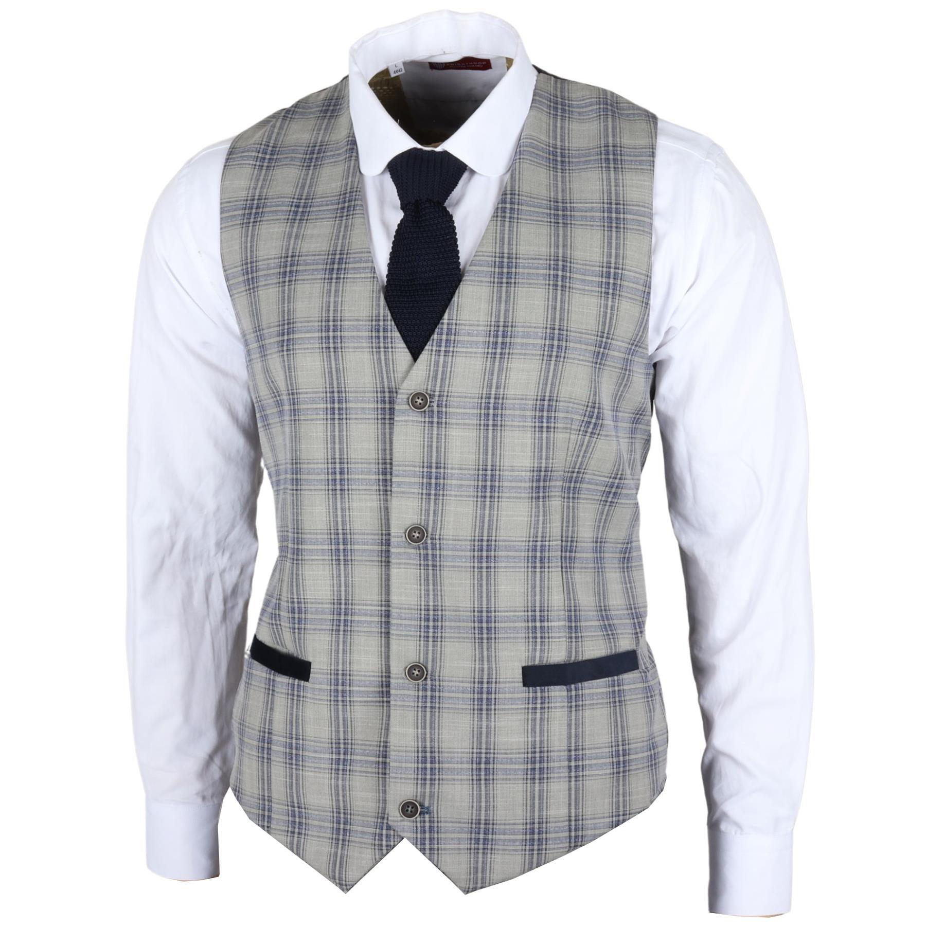 Men's Waistcoat Grey Blue Checked Tailored Fit Vest - Knighthood Store