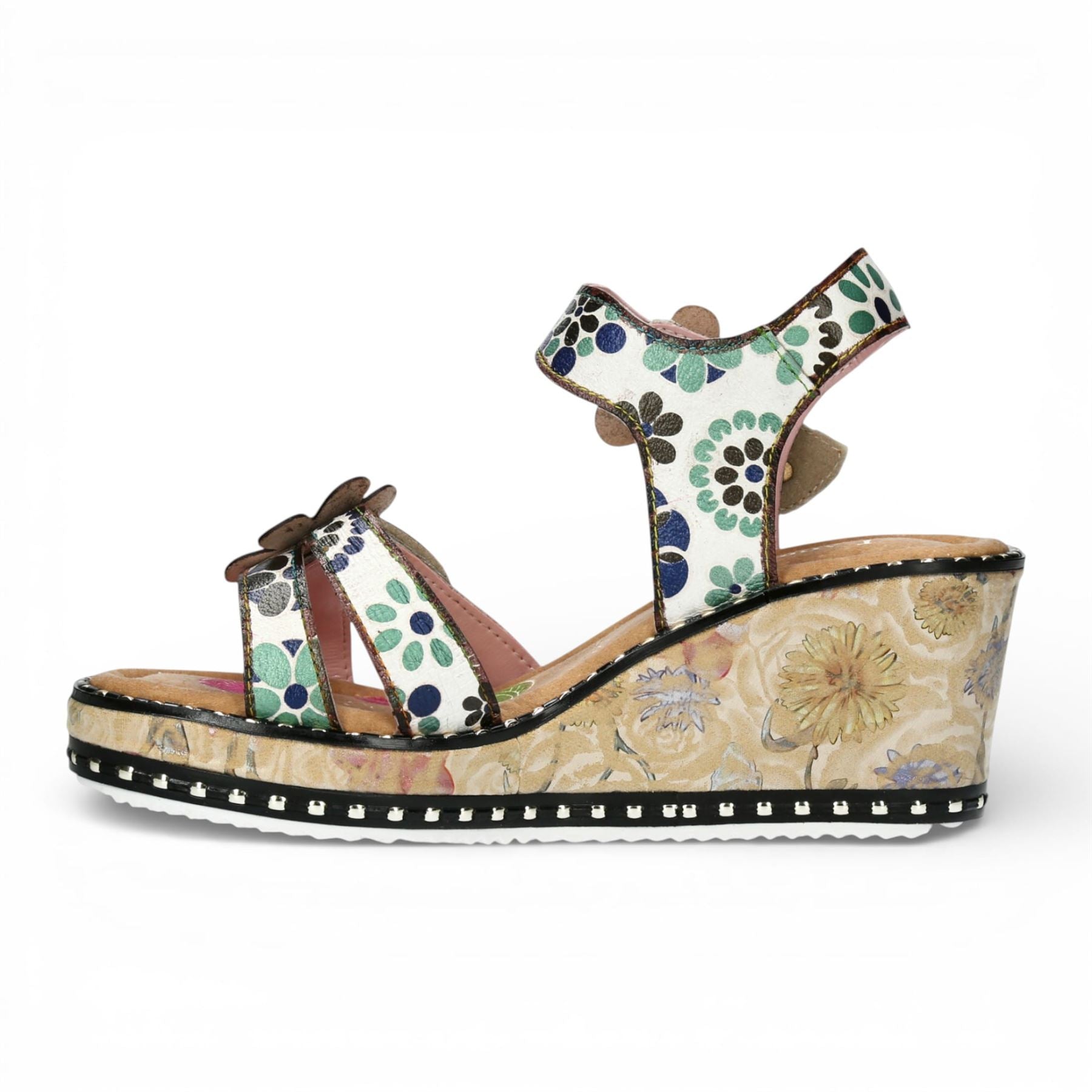 Ballon 08 - Women's Beige Floral Leather Wedge Sandals