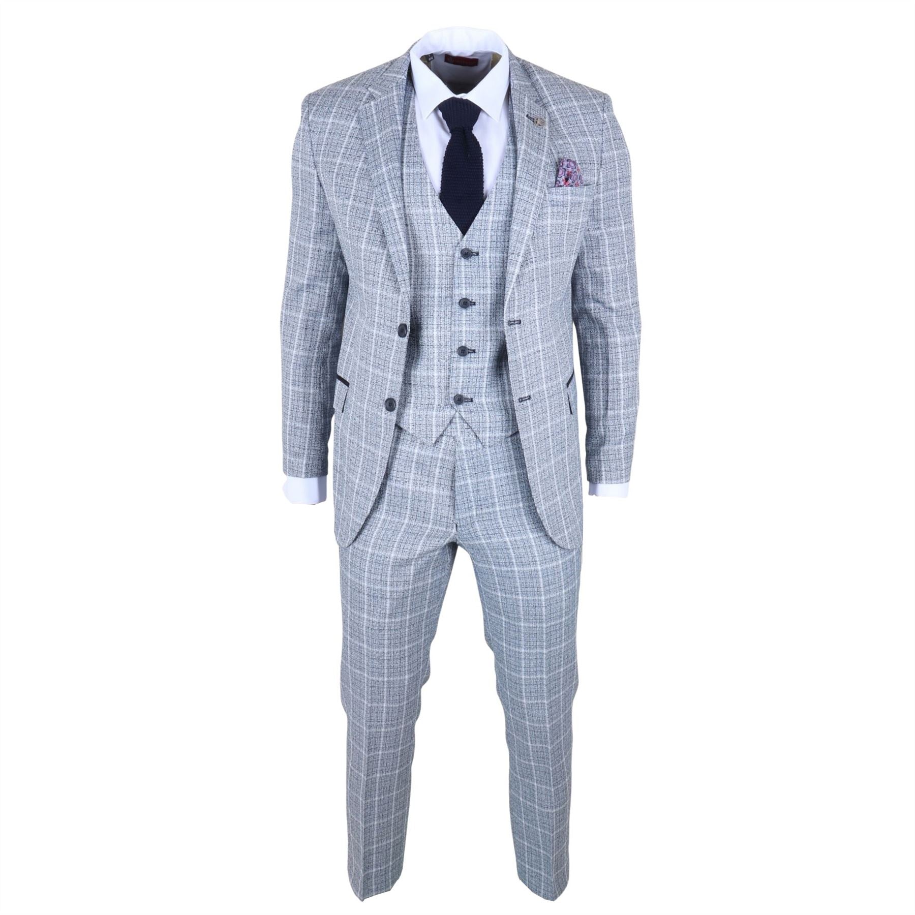 IM11 - Men's Light Blue 3 Piece Plaid Check Suit