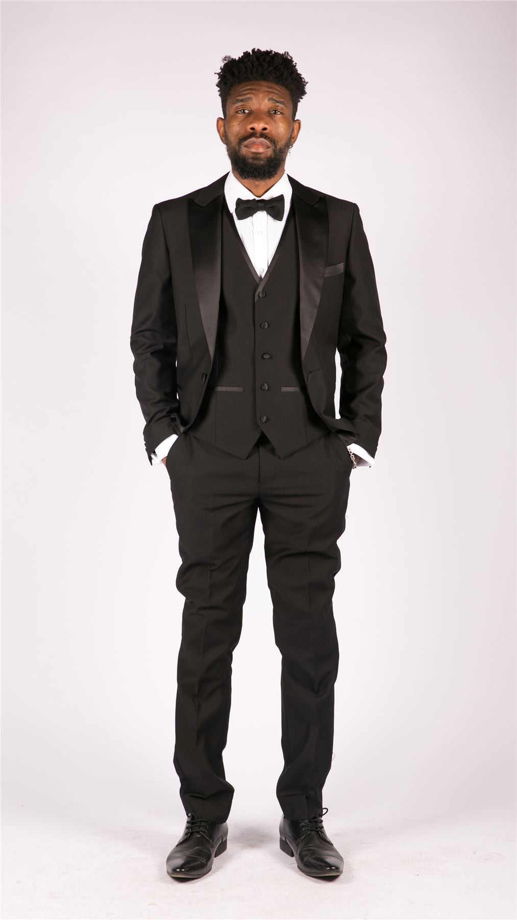 Mens 3 Piece Black Classic Satin Tuxedo Dinner Suit Tailored Fit Wedding Prom