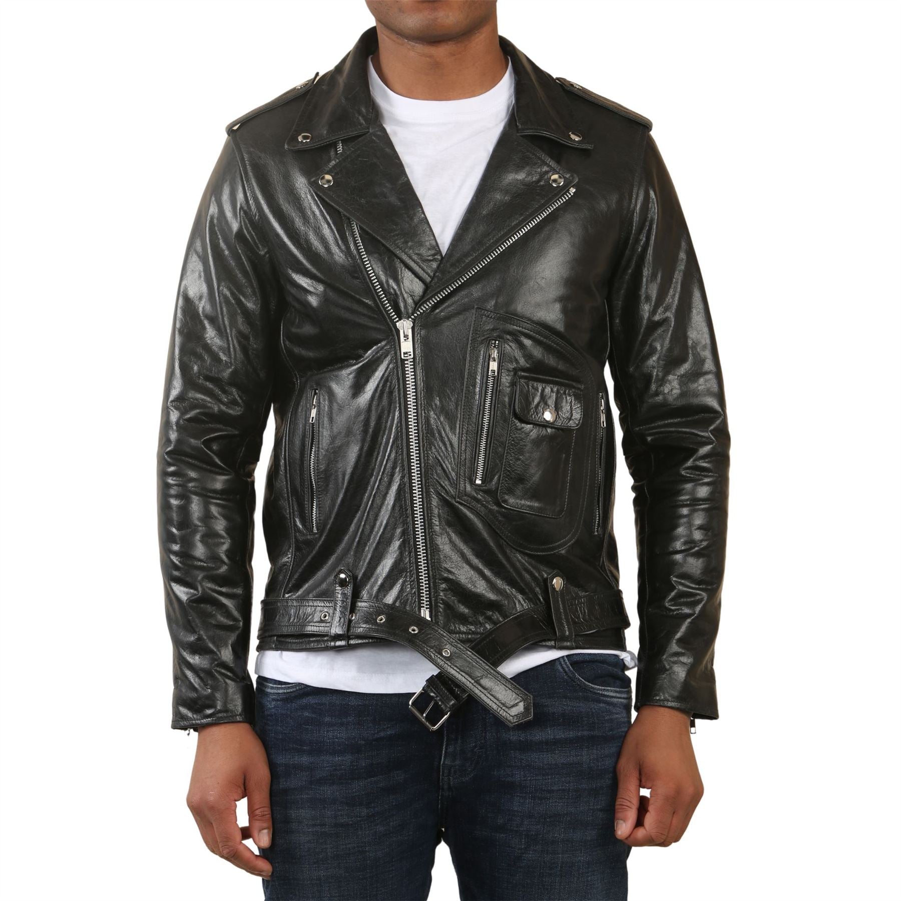 Men's Cow Hide Biker Brando Cross Zip Leather Jacket