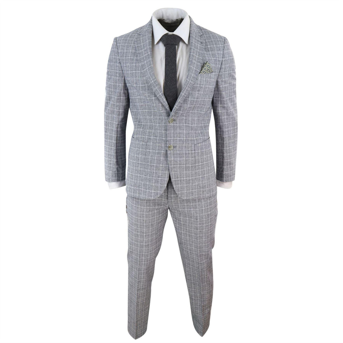 Mens 2 Piece Linen Suit Black Grey Prince Of Wales Check Slim Fit Wedding Prom - Knighthood Store