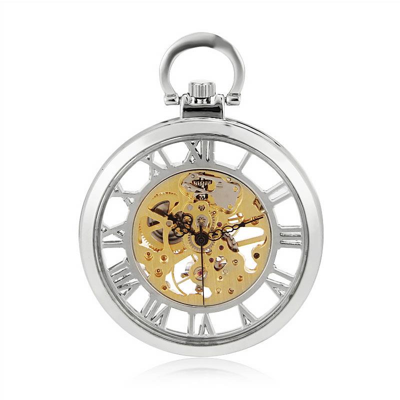 Mechanical Skeleton Open Face Silver Pocket Watch