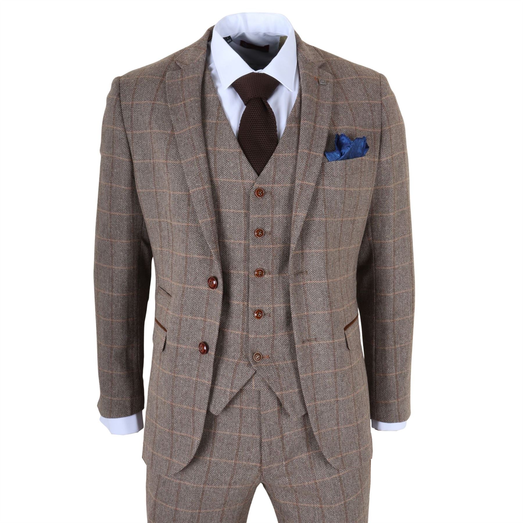 Harris - Men's Brown 3 Piece Herringbone Check Tweed Suit