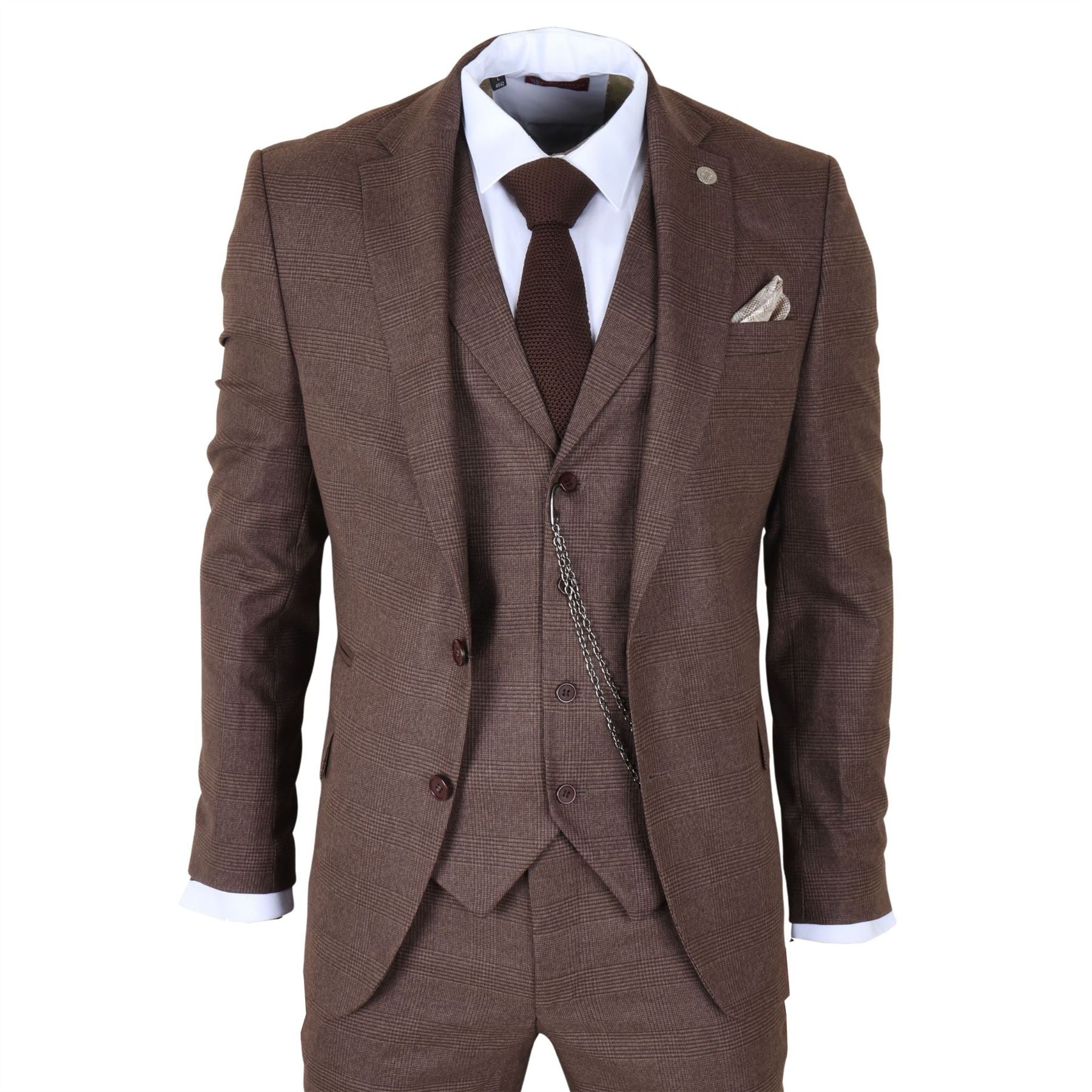 TP-50 - Men's Brown 3 Piece Prince Of Wales Check Suit