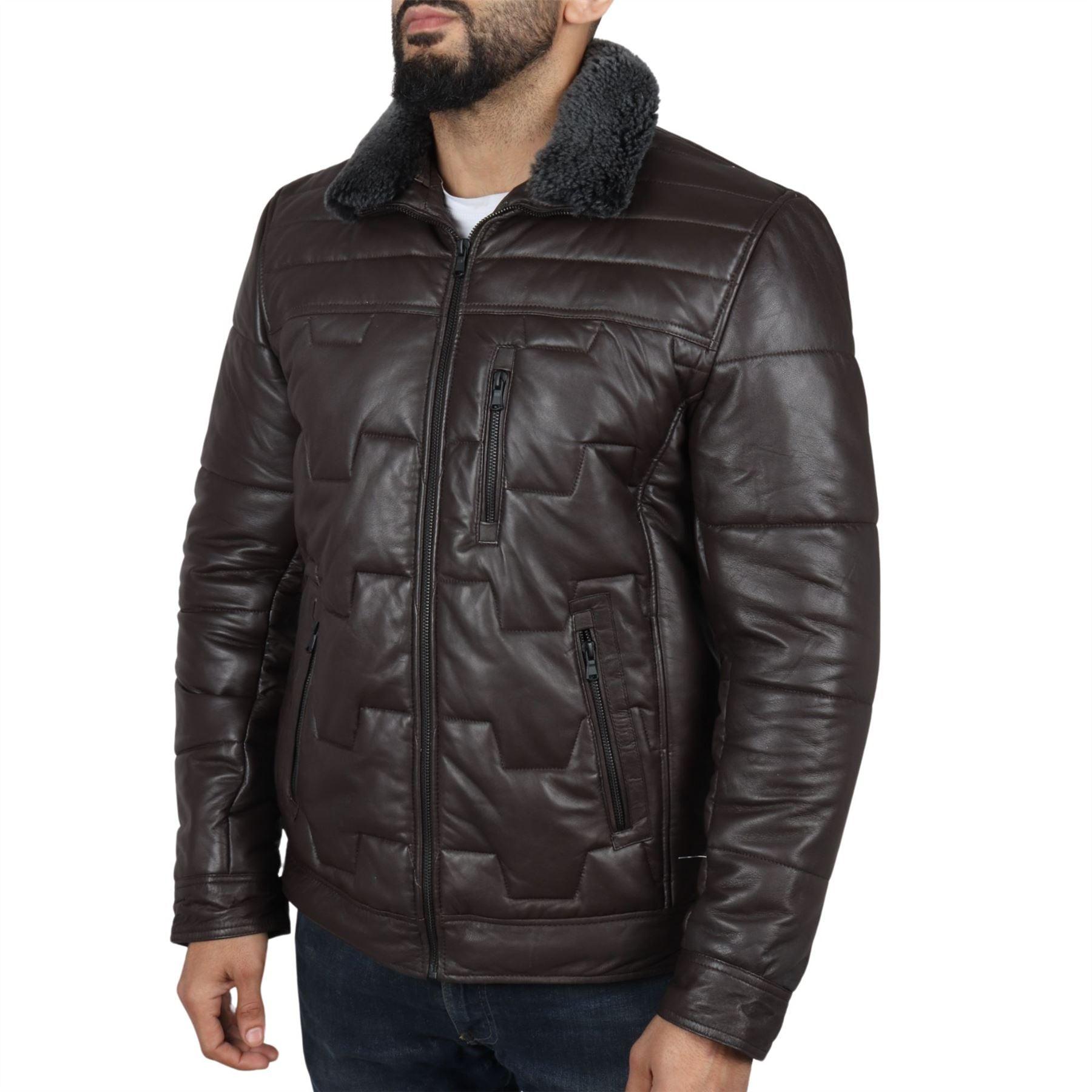 Men's Quilted Padded Real Leather Safari Parka Coat Jacket Fleece Collar - Knighthood Store